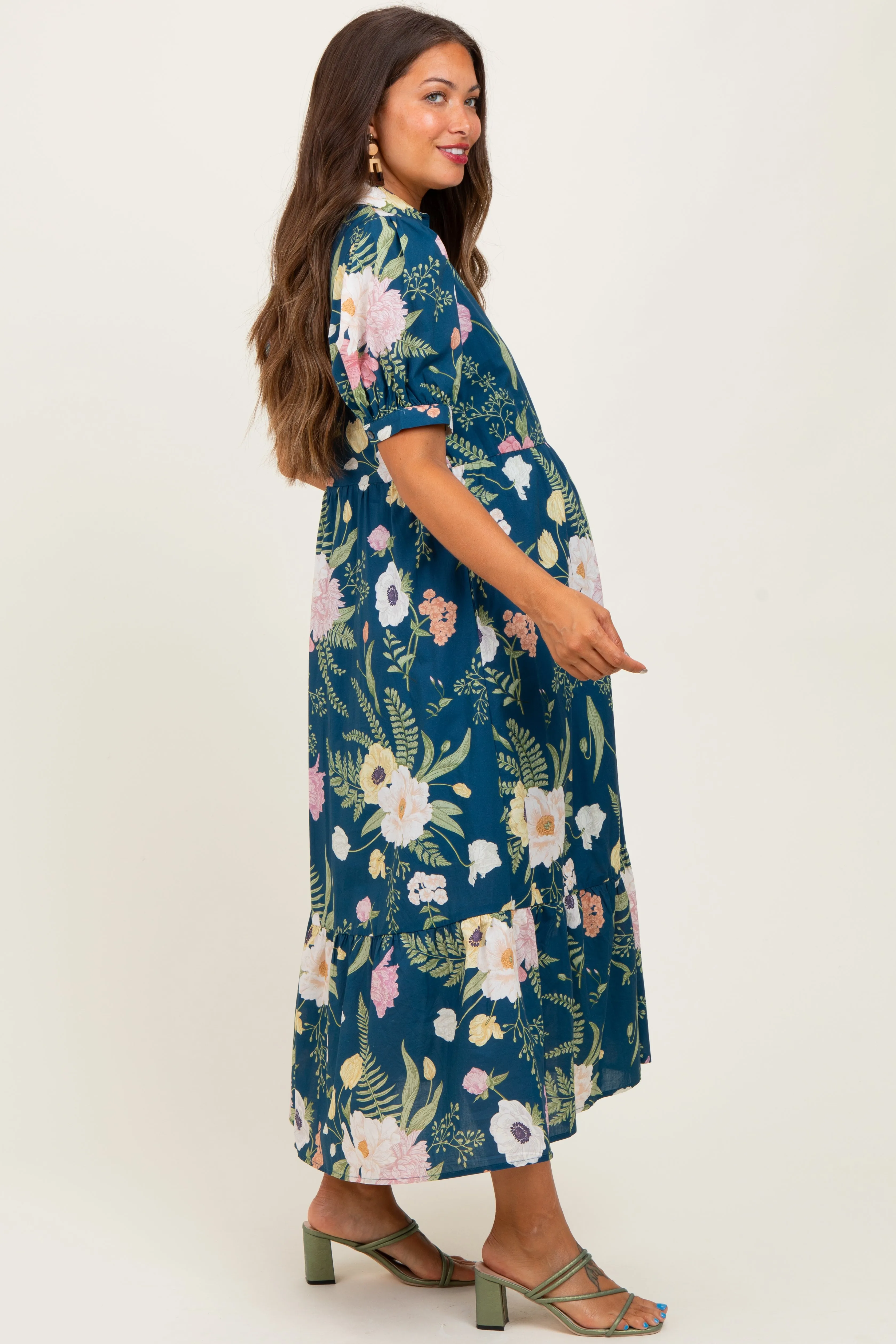 Deep Teal Floral Puff Sleeve Button Down Maternity Midi Dress sold by Pinkblush product image thumbnail 2