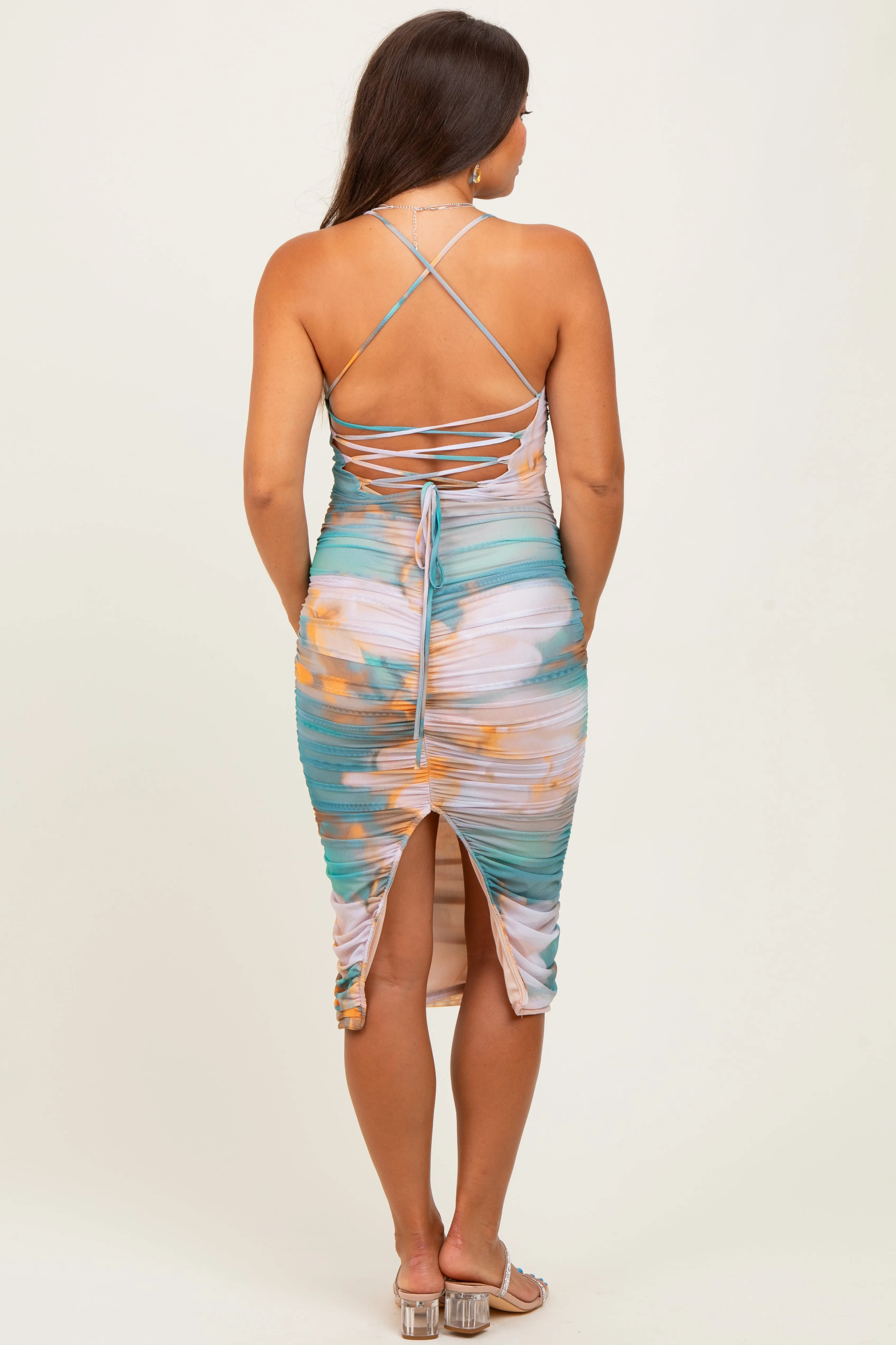 Jade Floral Mesh Ruched Crisscross Back Maternity Midi Dress sold by Pinkblush product image thumbnail 4