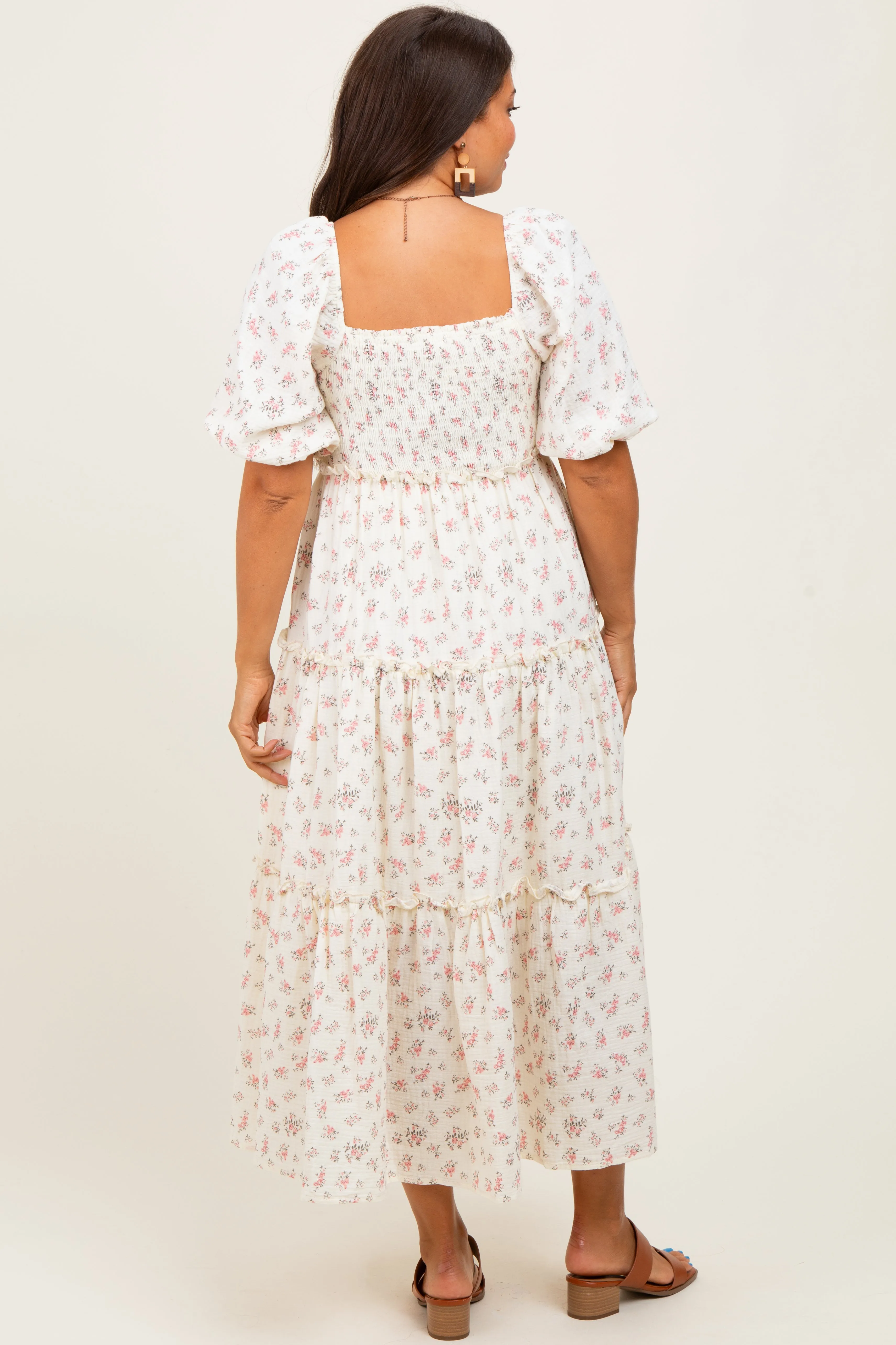 Pink Floral Smocked Ruffle Tiered Maternity Maxi Dress sold by Pinkblush product image thumbnail 4