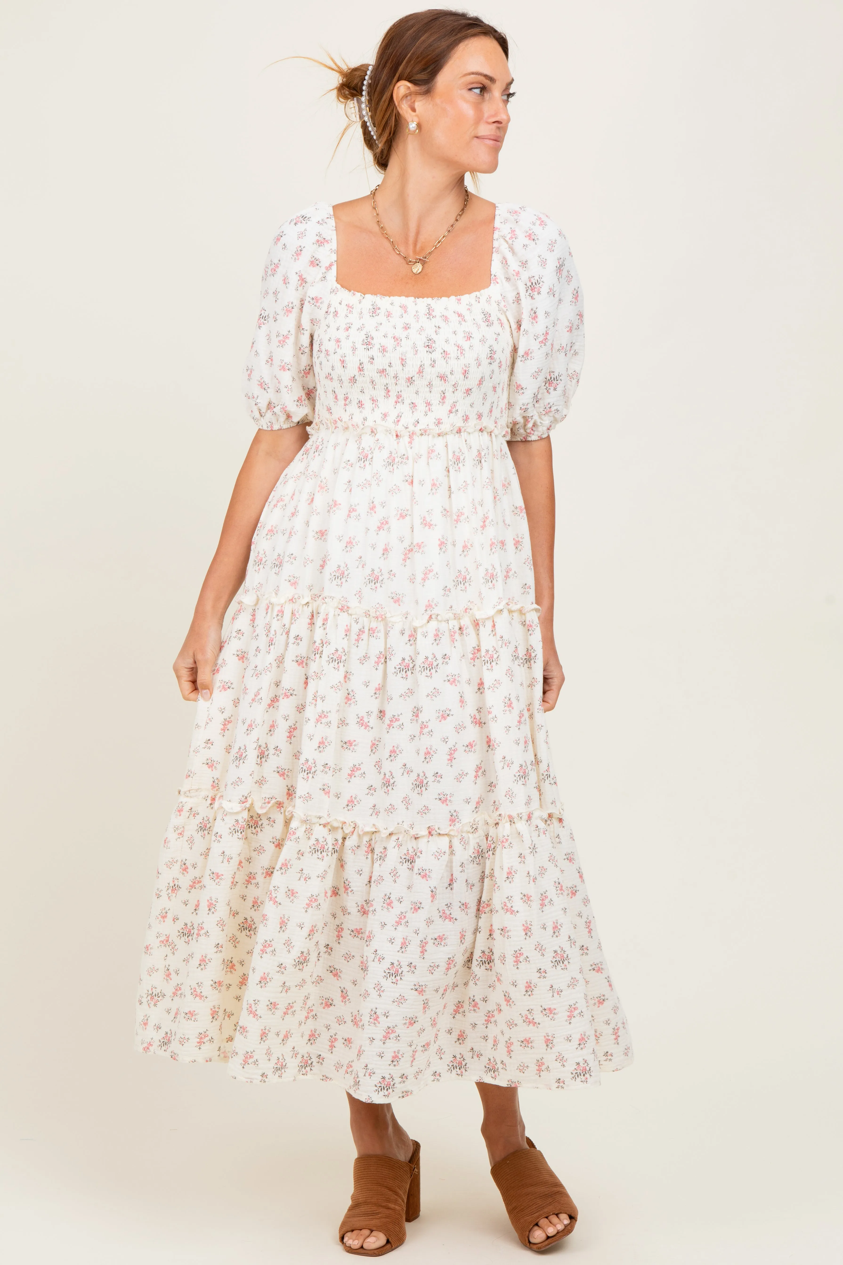 Pink Floral Smocked Ruffle Tiered Maternity Maxi Dress sold by Pinkblush product image thumbnail 5