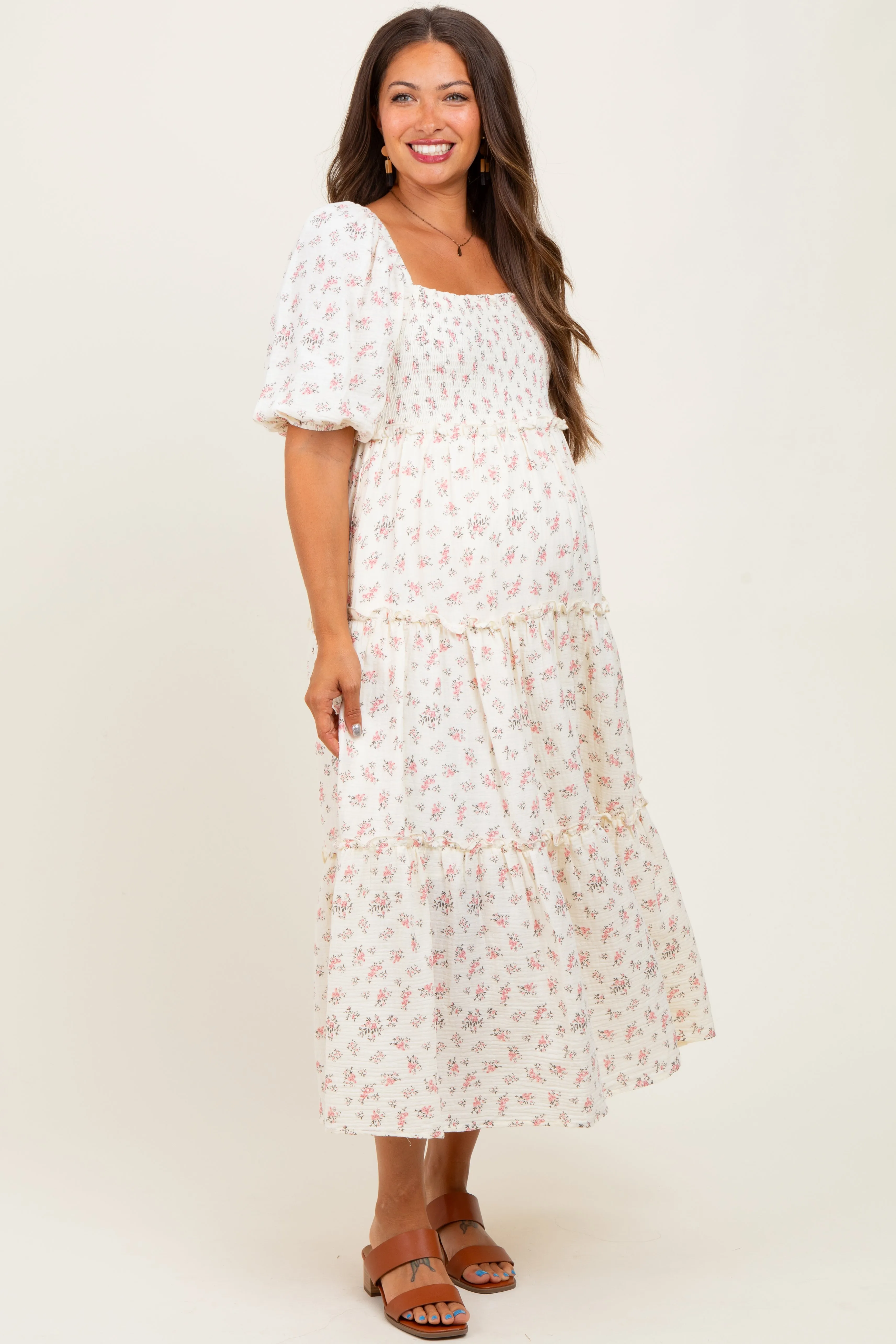 Pink Floral Smocked Ruffle Tiered Maternity Maxi Dress sold by Pinkblush product image thumbnail 2