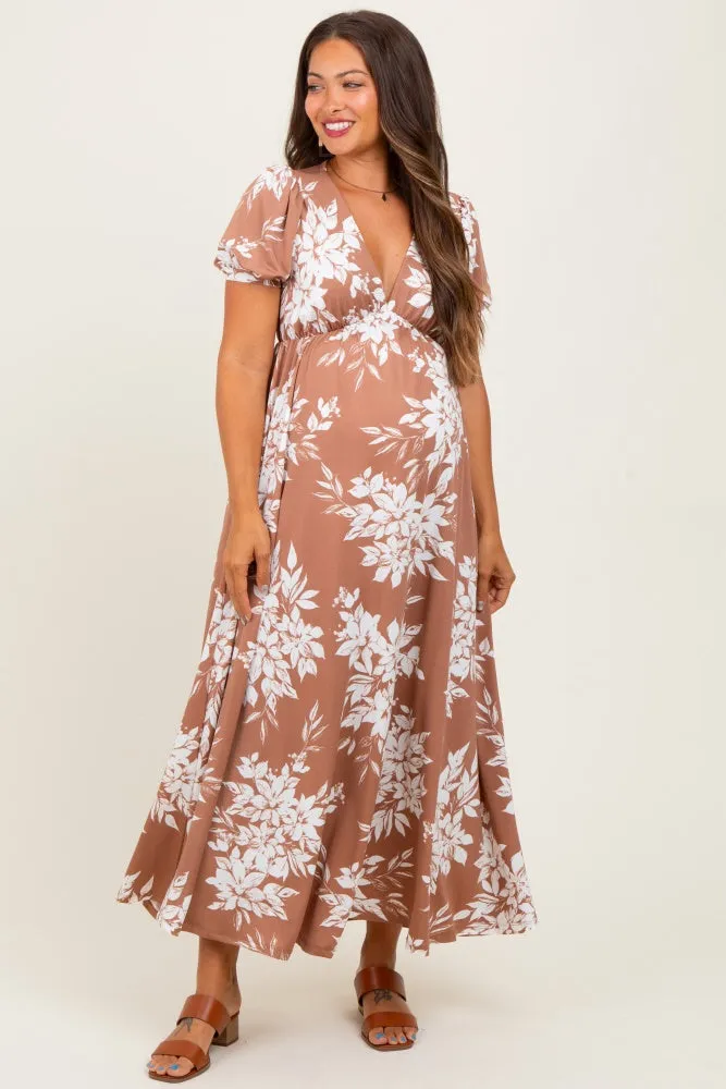 Mocha Floral Print Short Sleeve V-Neck Maternity Maxi Dress sold by Pinkblush