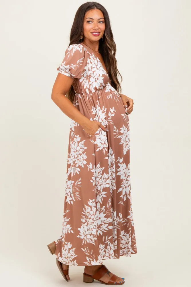 Mocha Floral Print Short Sleeve V-Neck Maternity Maxi Dress sold by Pinkblush product image thumbnail 3