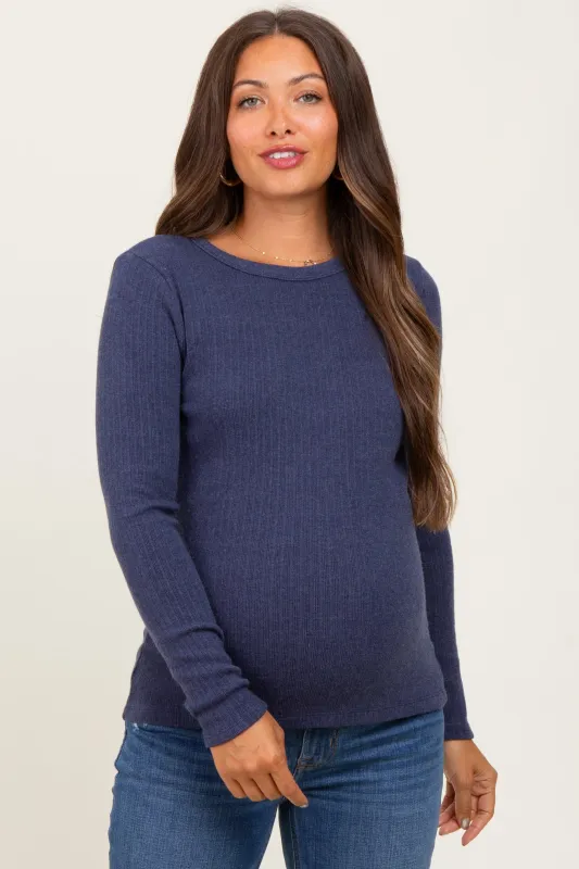 Navy Ribbed Knit Maternity Long Sleeve Top sold by Pinkblush