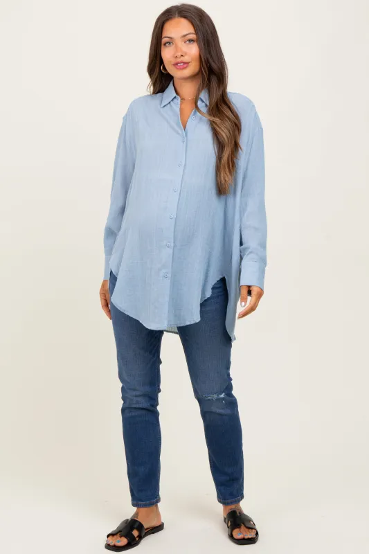 Blue Long Sleeve Collared Button Down Maternity Shirt sold by Pinkblush