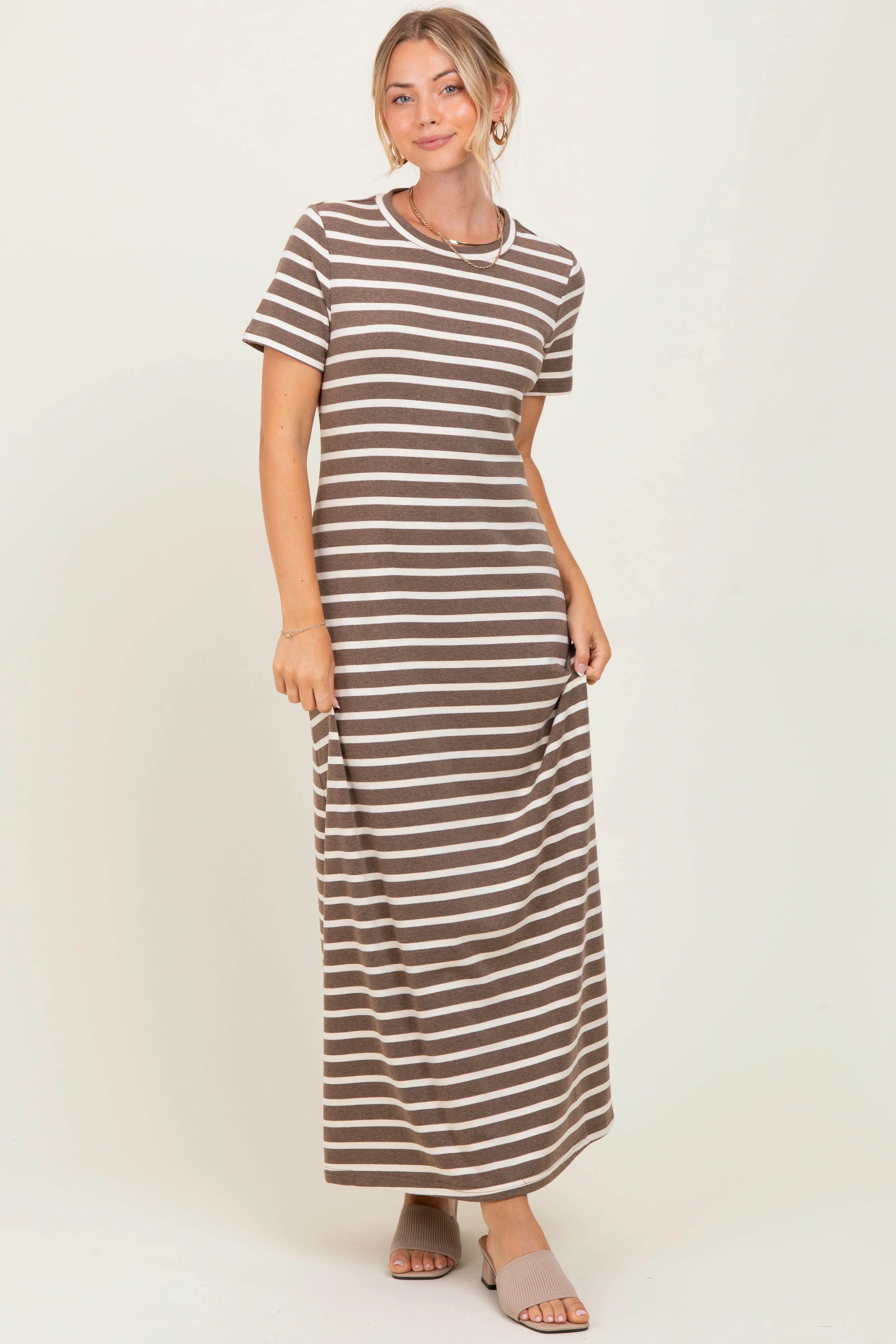 Brown Striped Short Sleeve Maternity Midi Dress sold by Pinkblush product image thumbnail 4