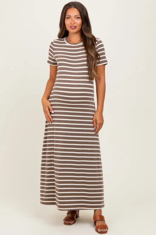 Brown Striped Short Sleeve Maternity Midi Dress sold by Pinkblush