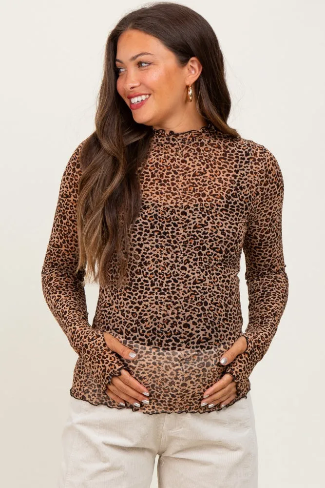 Mocha Animal Print Mesh Ruffle Neck Maternity Top sold by Pinkblush