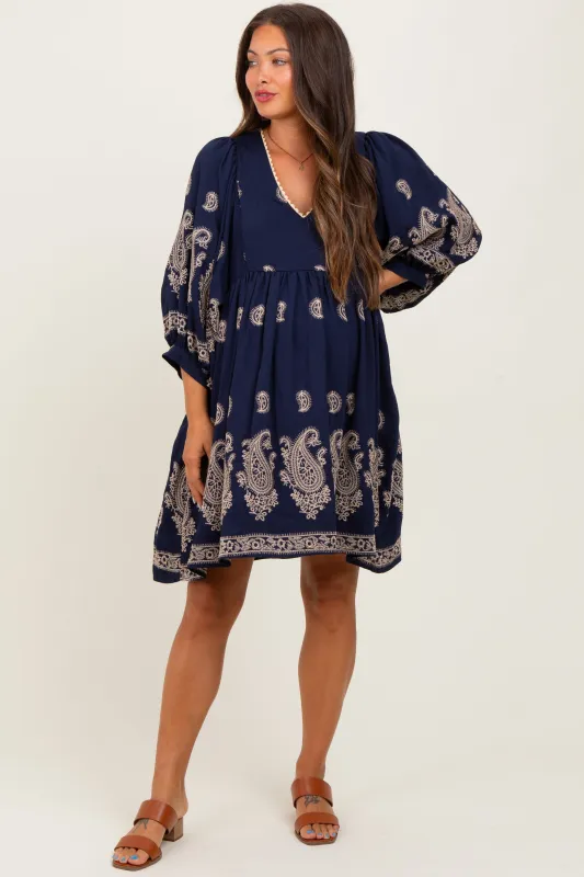 Navy Paisley Embroidered Bubble Sleeve Maternity Dress sold by Pinkblush
