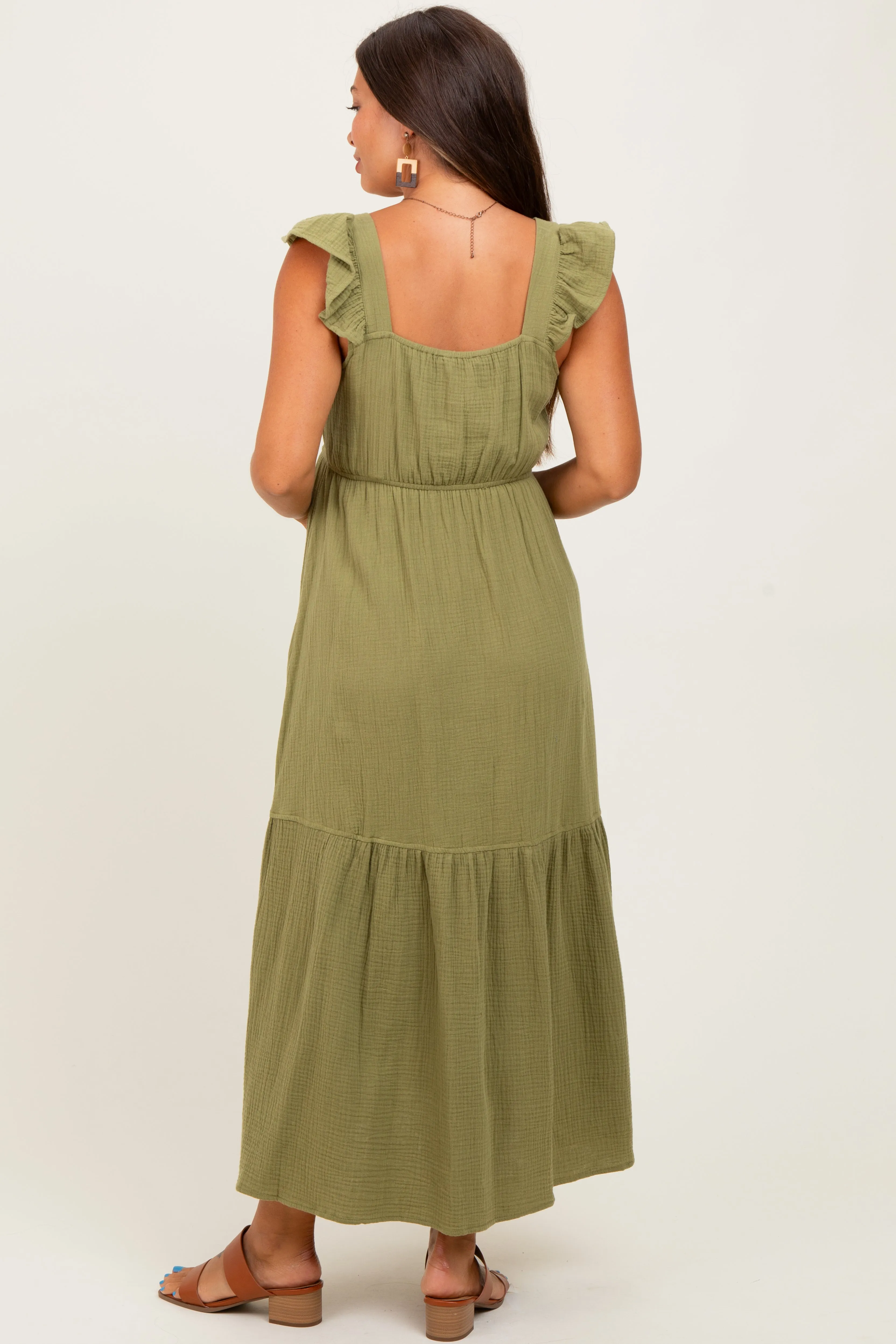 Light Olive Cotton Gauze Button Down Maternity Midi Dress sold by Pinkblush product image thumbnail 4