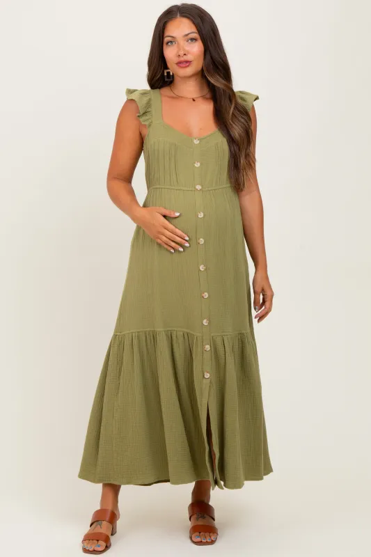 Light Olive Cotton Gauze Button Down Maternity Midi Dress sold by Pinkblush