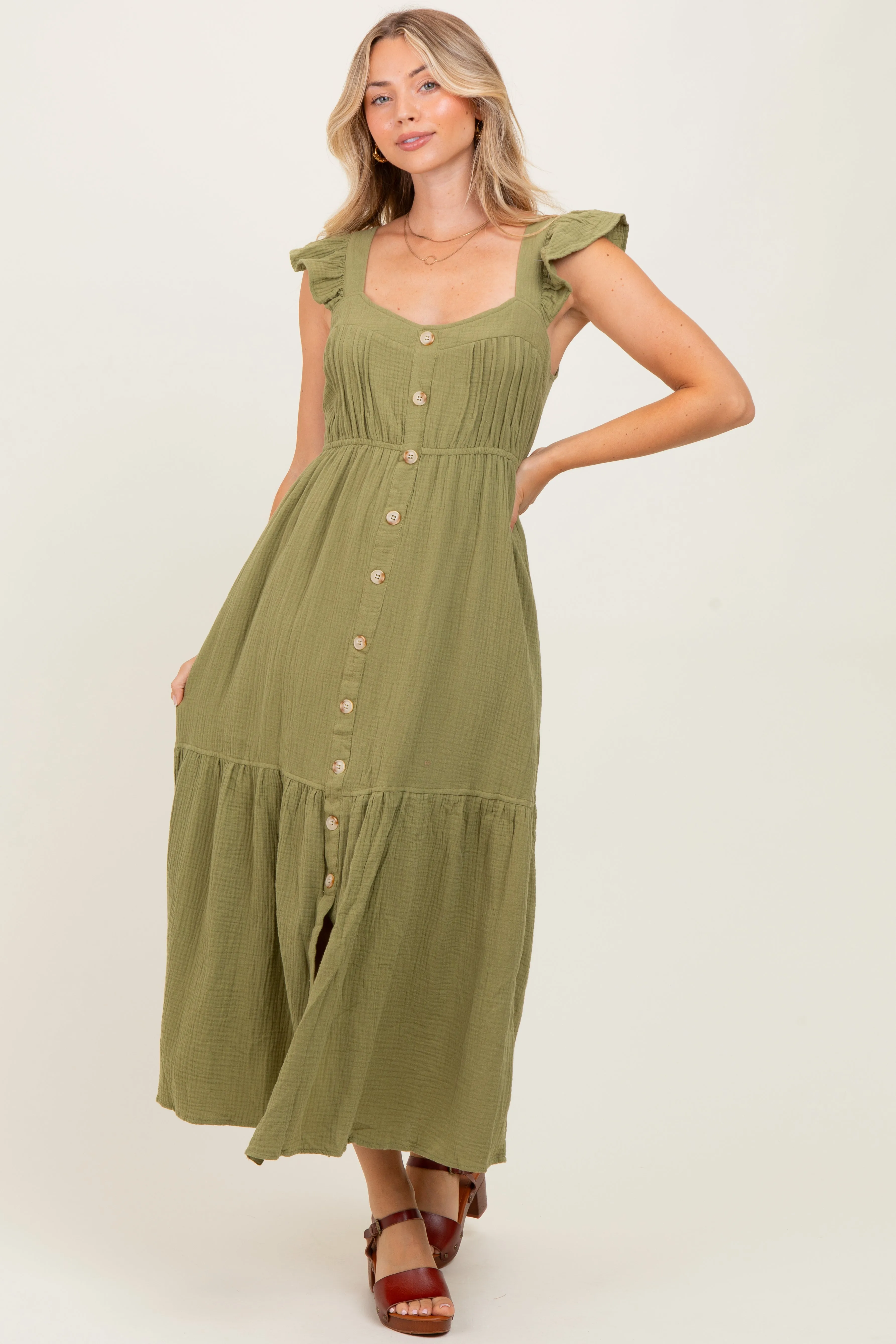 Light Olive Cotton Gauze Button Down Maternity Midi Dress sold by Pinkblush product image thumbnail 5