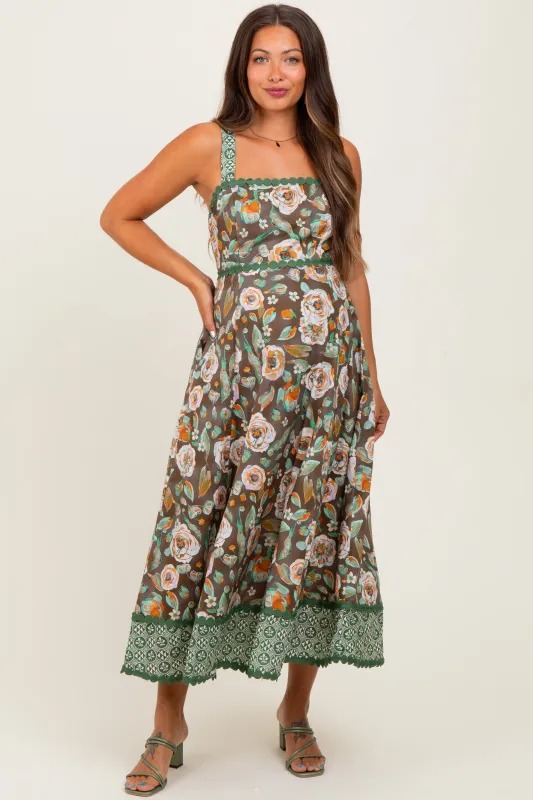 Brown Floral Contrast Print Sleeveless Maternity Midi Dress sold by Pinkblush