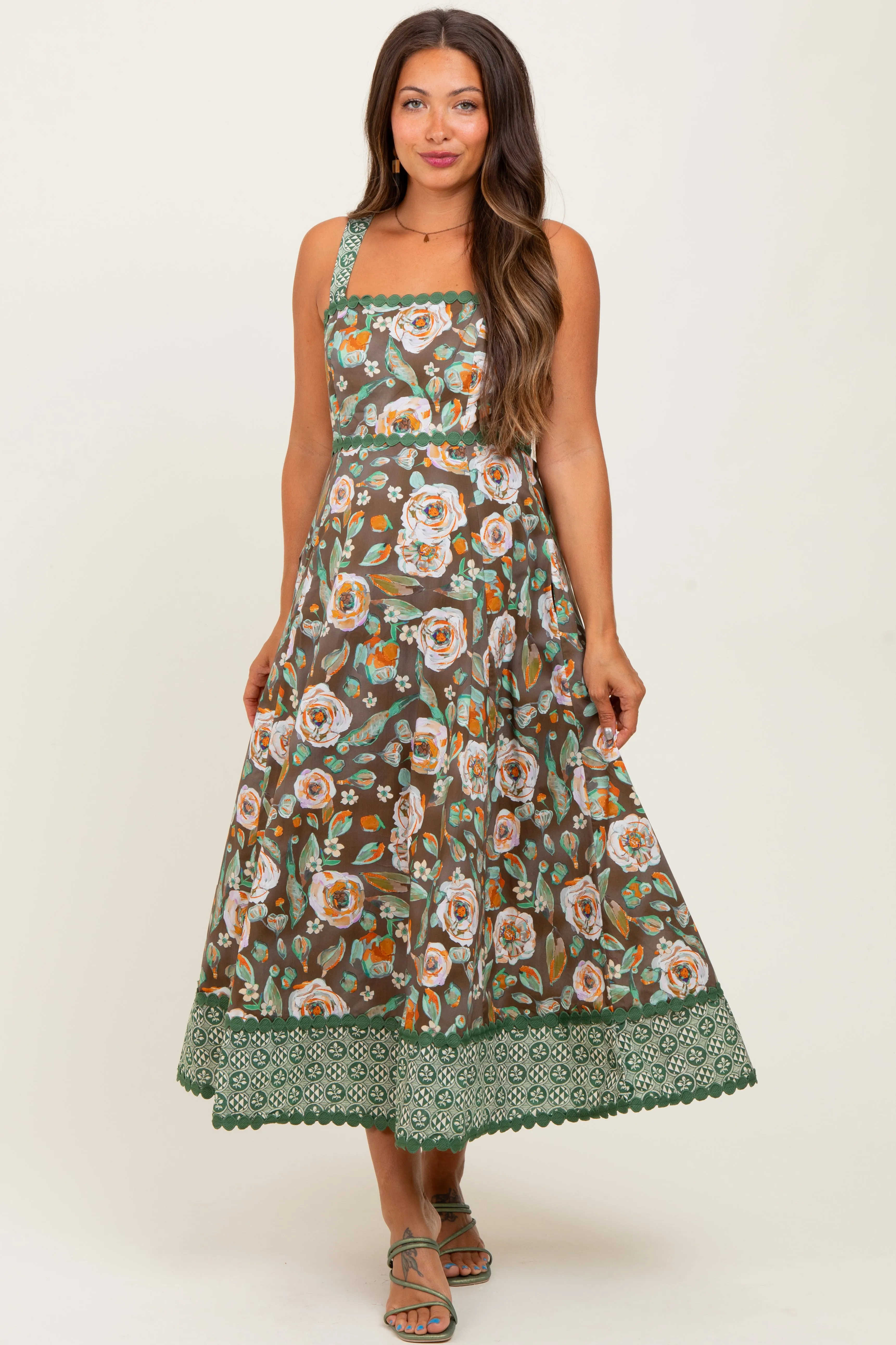 Brown Floral Contrast Print Sleeveless Maternity Midi Dress sold by Pinkblush product image thumbnail 2