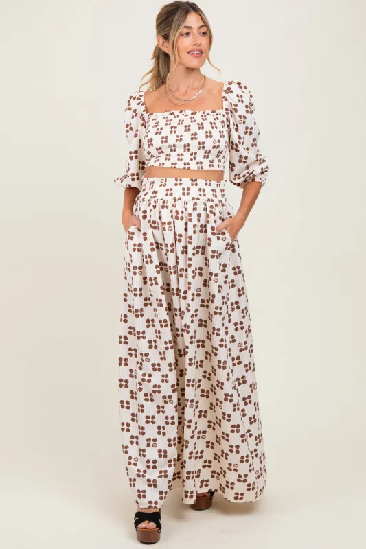 Brown Printed Smocked Crop Top Maxi Skirt Maternity Set sold by Pinkblush