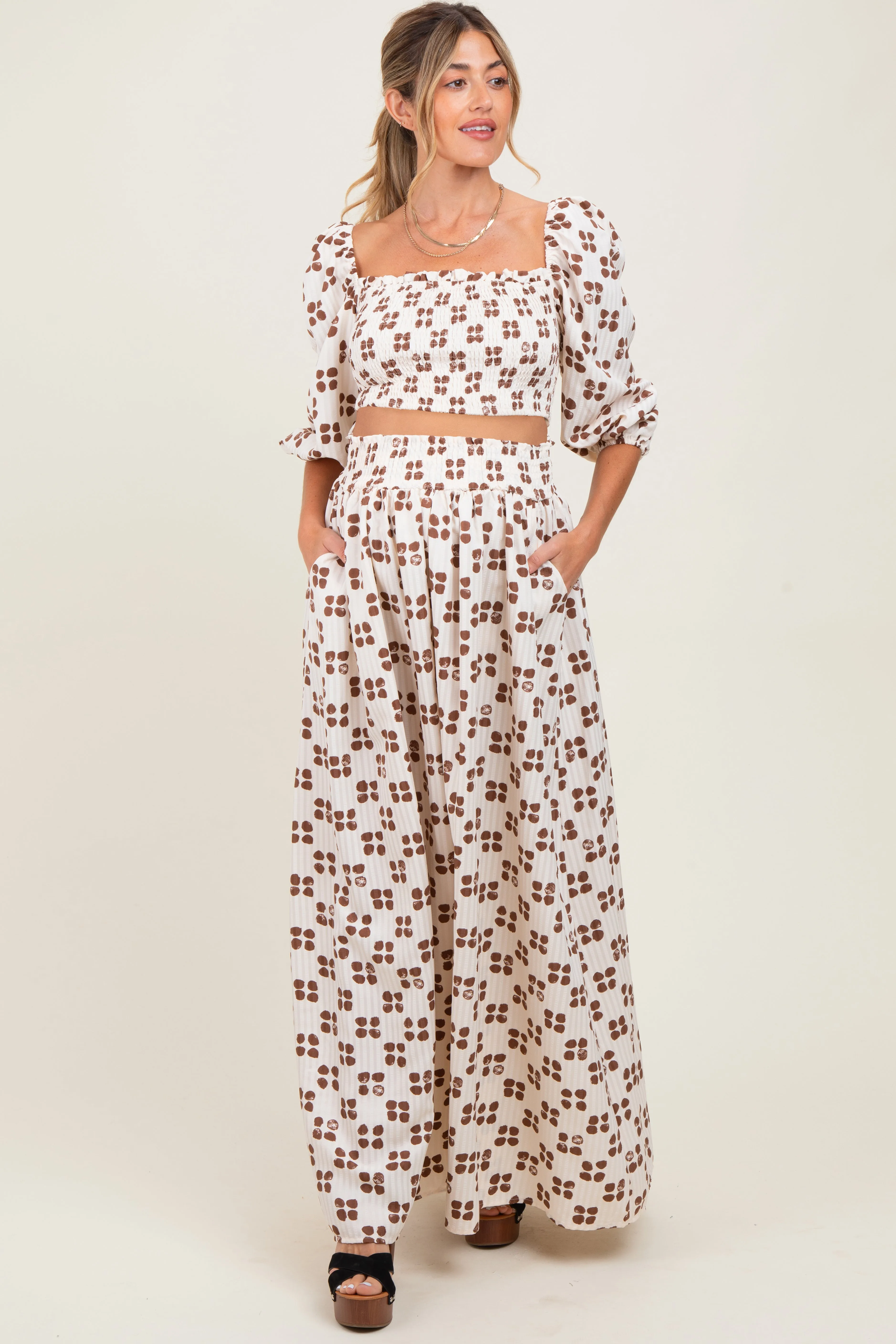 Brown Printed Smocked Crop Top Maxi Skirt Maternity Set sold by Pinkblush