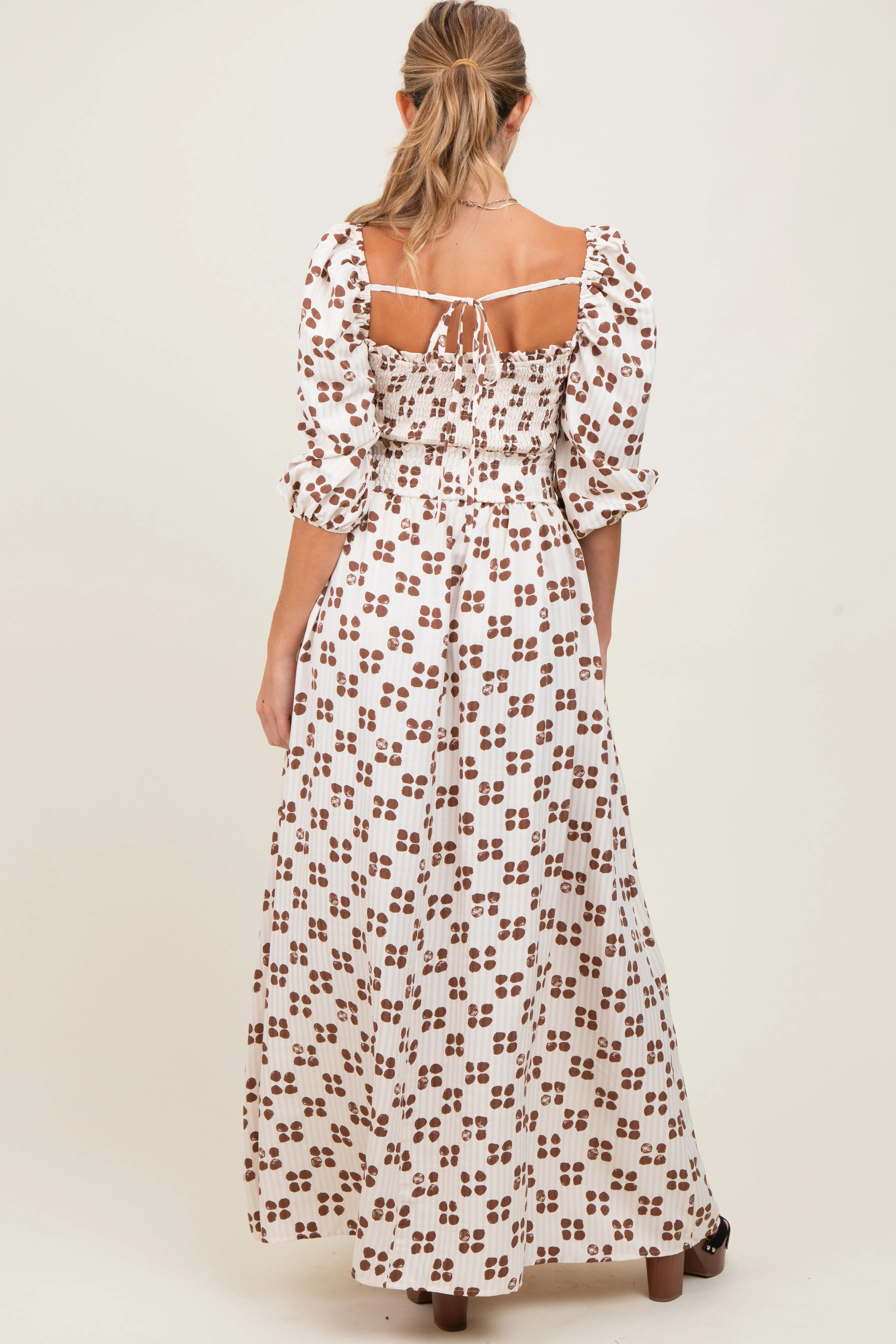 Brown Printed Smocked Crop Top Maxi Skirt Maternity Set sold by Pinkblush product image thumbnail 2
