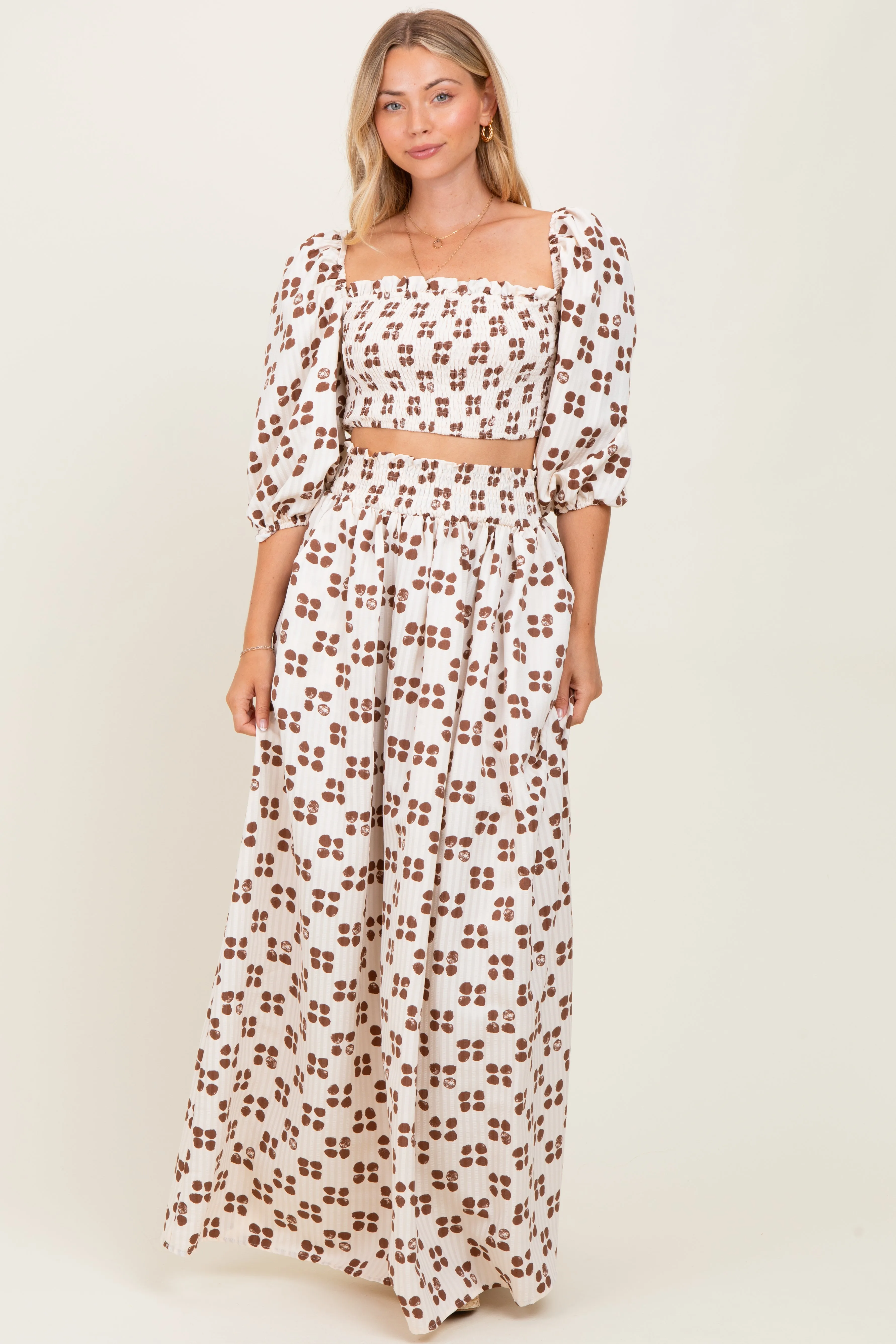 Brown Printed Smocked Crop Top Maxi Skirt Maternity Set sold by Pinkblush product image thumbnail 3