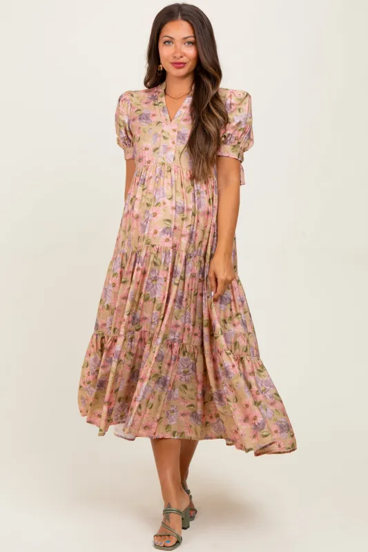 Camel Floral Tiered Puff Sleeve Maternity Midi Dress sold by Pinkblush