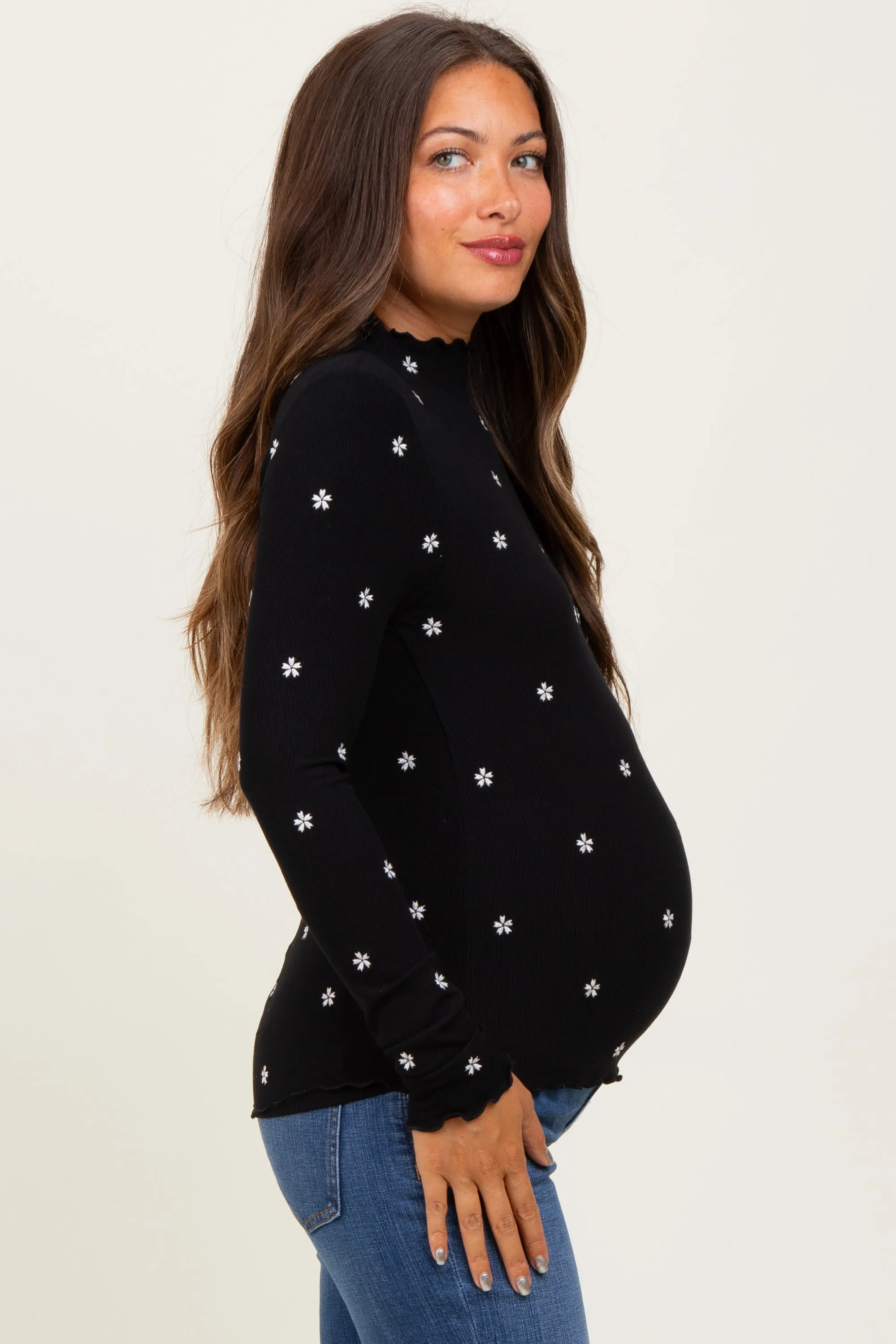 Black Knit Embroidered Floral Ruffle Hem Maternity Top sold by Pinkblush product image thumbnail 3