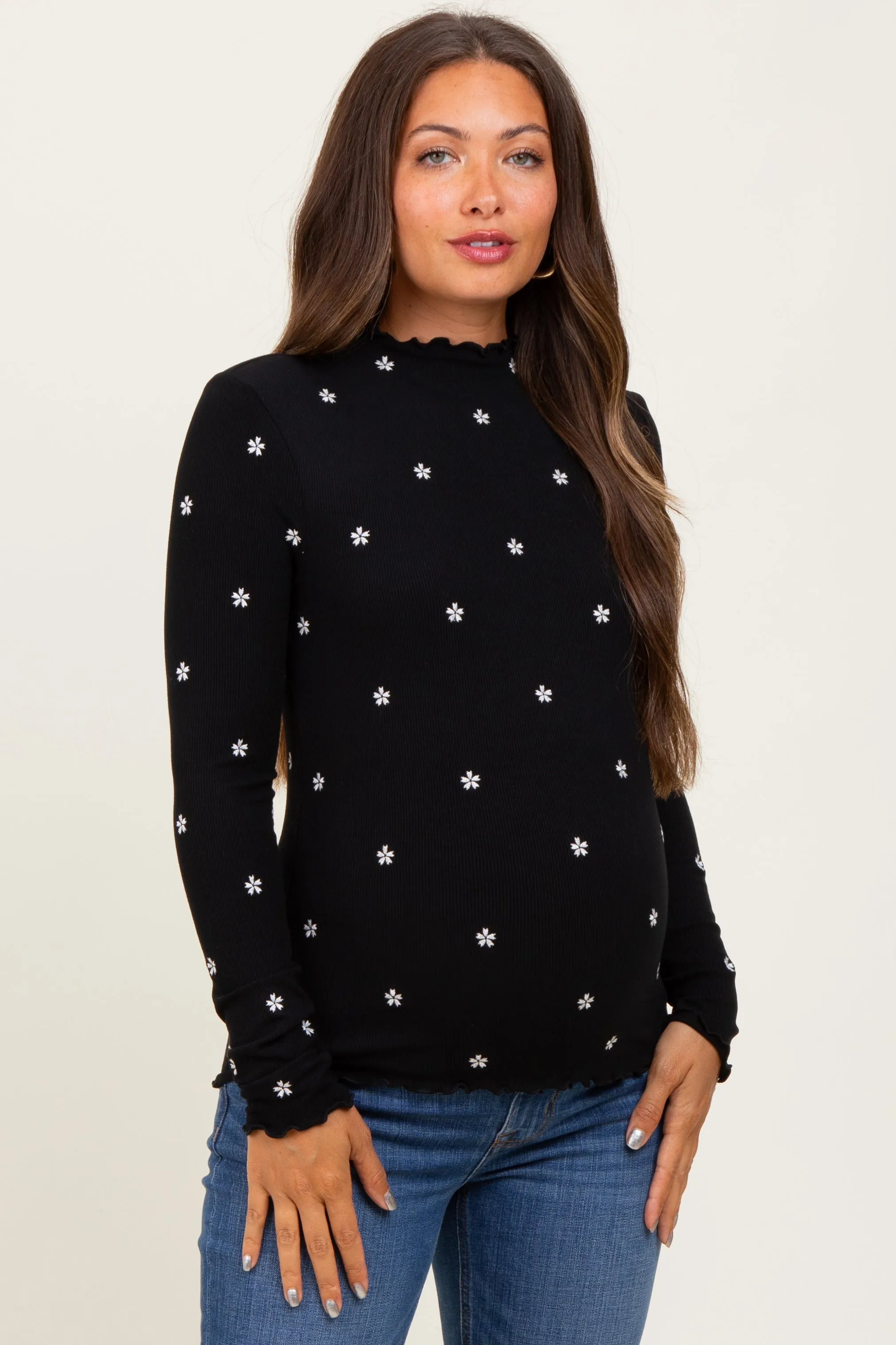 Black Knit Embroidered Floral Ruffle Hem Maternity Top sold by Pinkblush
