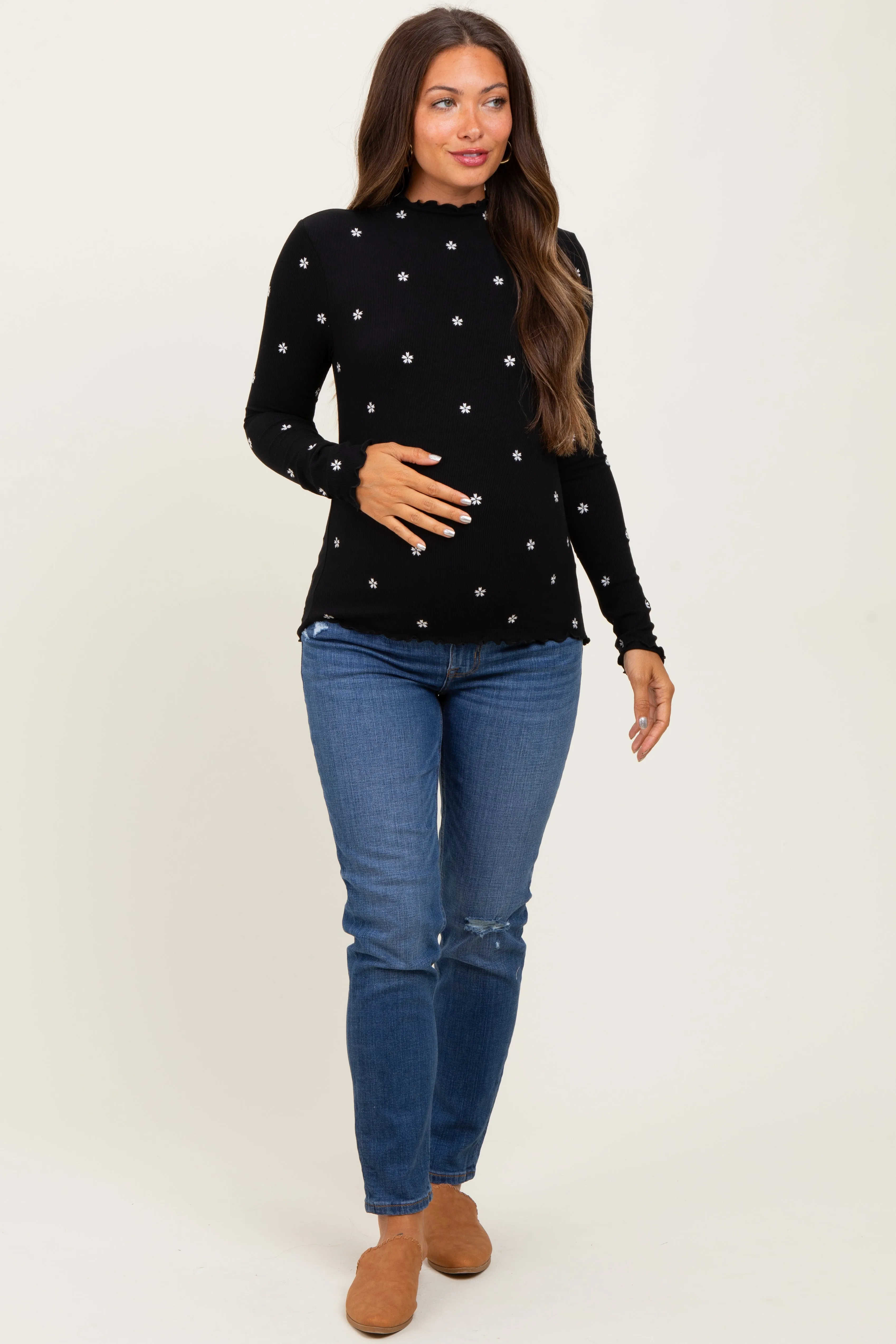 Black Knit Embroidered Floral Ruffle Hem Maternity Top sold by Pinkblush product image thumbnail 2