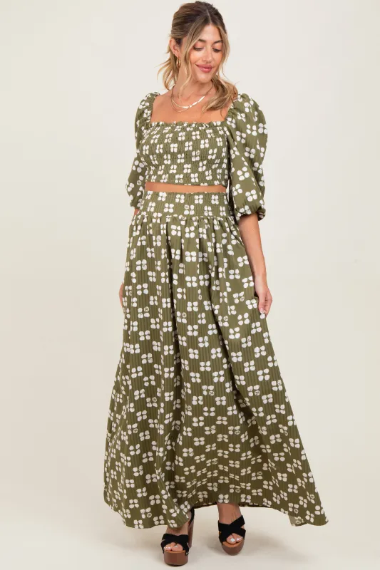 Olive Printed Smocked Crop Top Maxi Skirt Maternity Set sold by Pinkblush