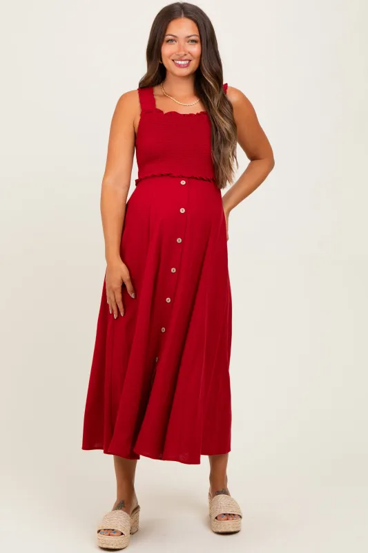 Burgundy Smocked Sleeveless Button Down Maternity Midi Dress sold by Pinkblush