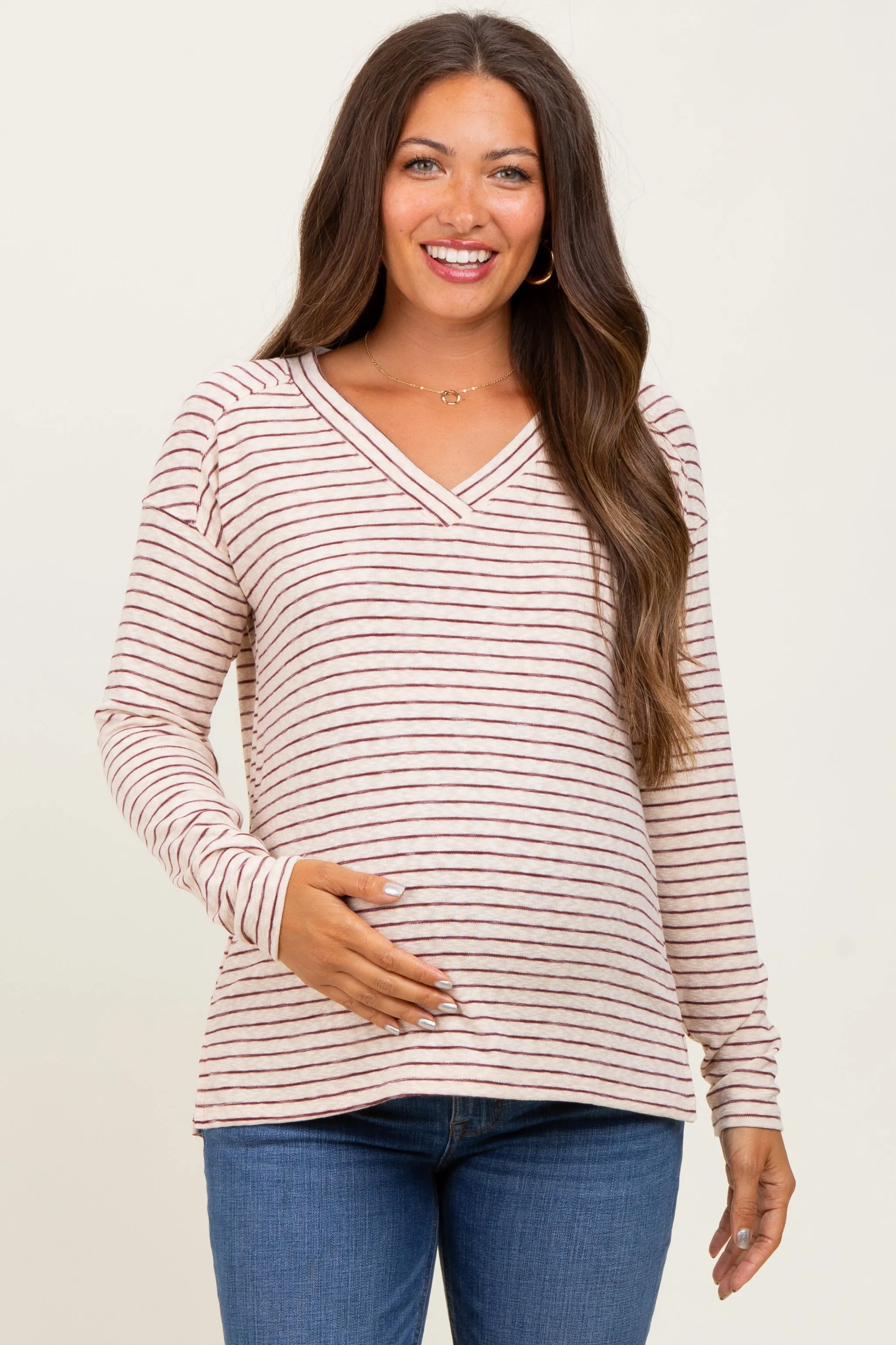 Burgundy Striped V-Neck Maternity Long Sleeve Top sold by Pinkblush