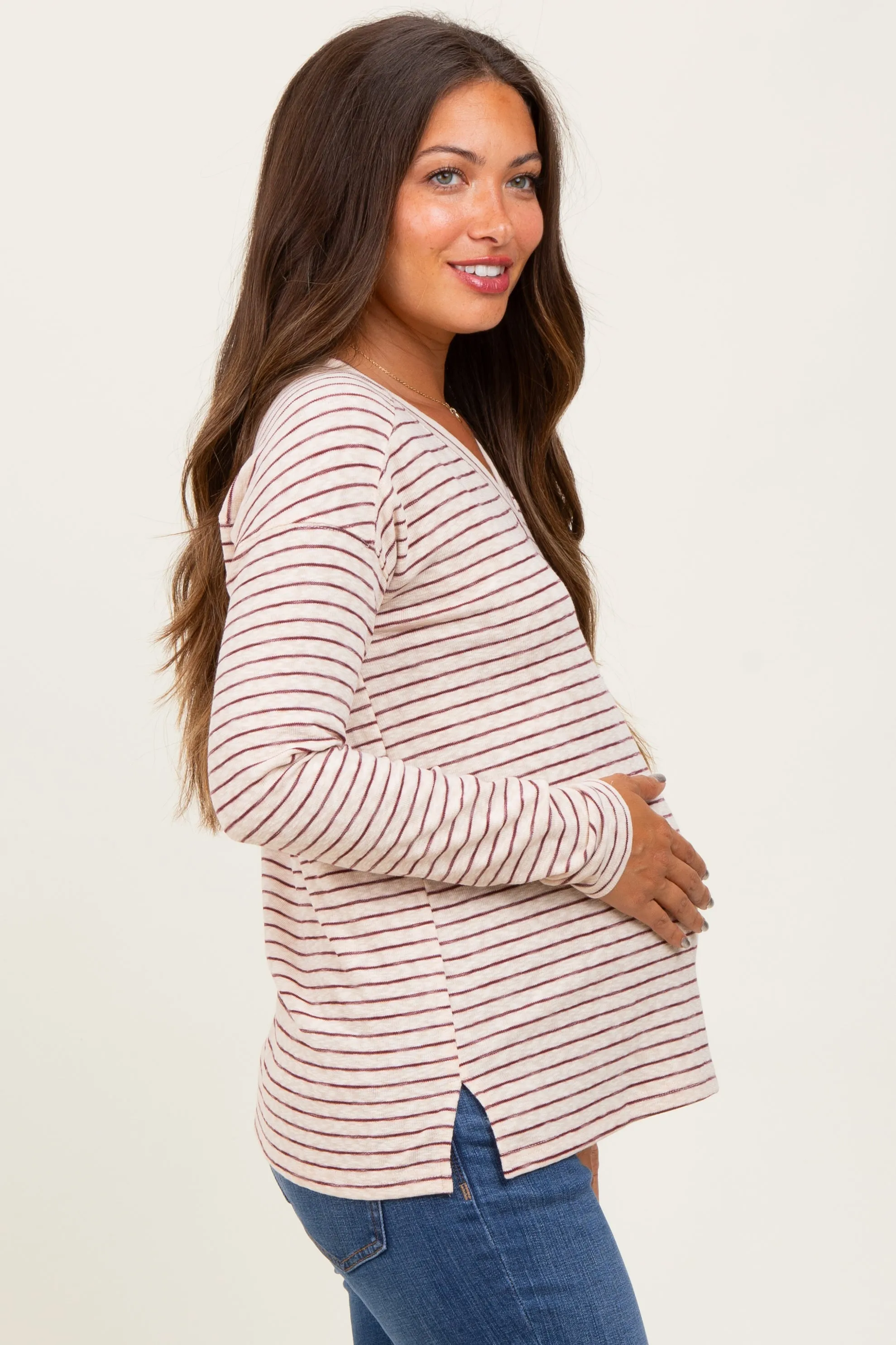 Burgundy Striped V-Neck Maternity Long Sleeve Top sold by Pinkblush product image thumbnail 3