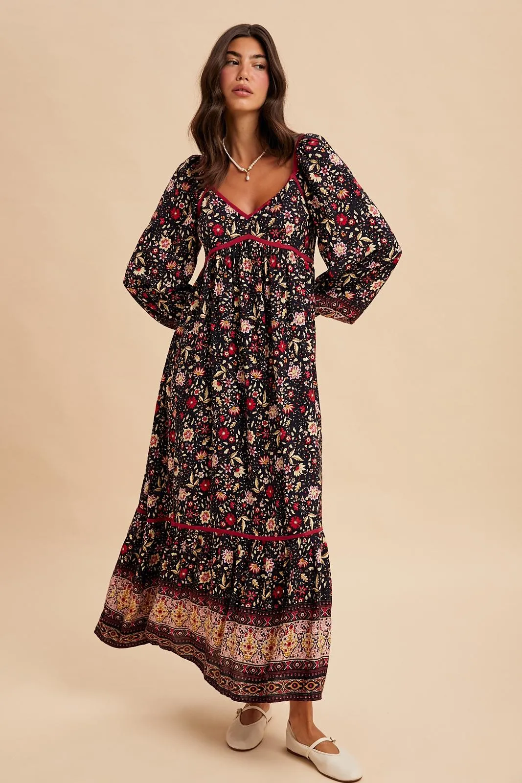 Navy Floral Border Print Long Sleeve Maxi Dress sold by Pinkblush product image thumbnail 3