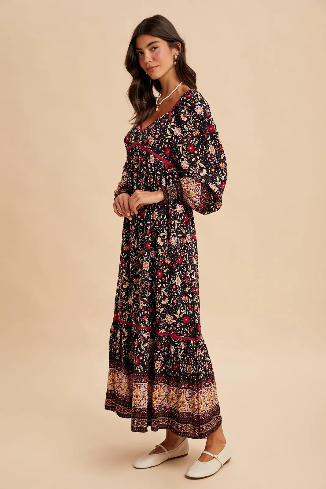 Navy Floral Border Print Long Sleeve Maxi Dress sold by Pinkblush product image thumbnail 4