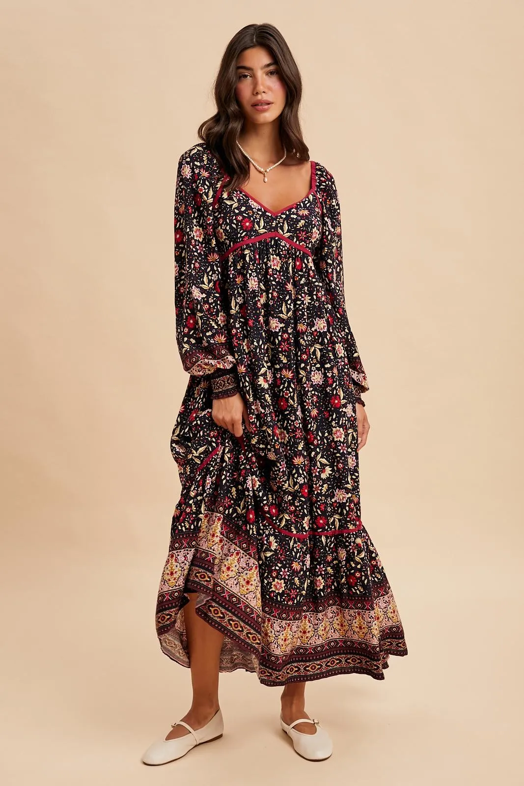 Navy Floral Border Print Long Sleeve Maxi Dress sold by Pinkblush