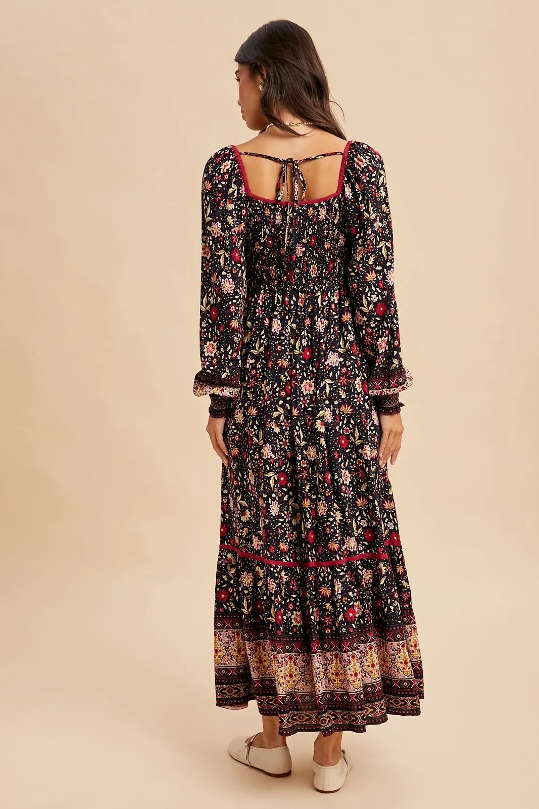 Navy Floral Border Print Long Sleeve Maxi Dress sold by Pinkblush product image thumbnail 5