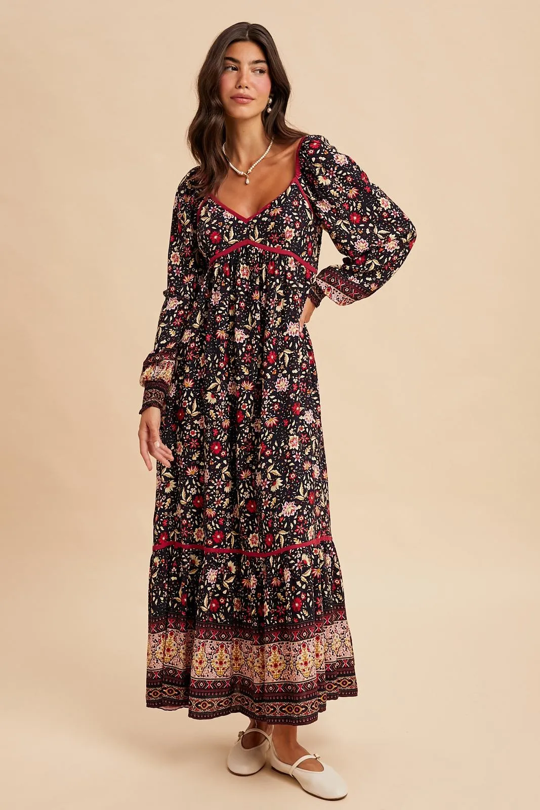 Navy Floral Border Print Long Sleeve Maxi Dress sold by Pinkblush product image thumbnail 2