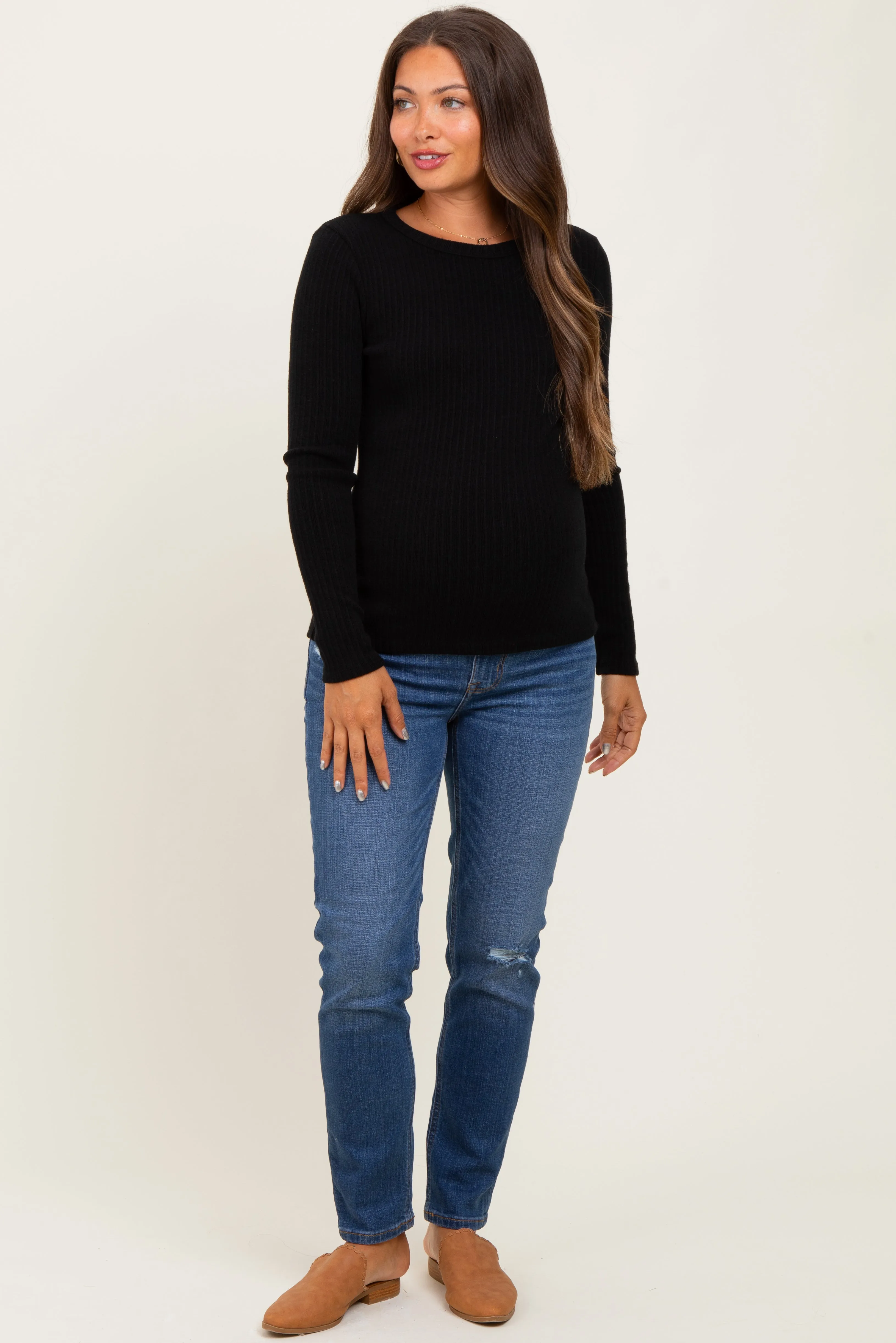 Black Ribbed Knit Maternity Long Sleeve Top sold by Pinkblush product image thumbnail 2