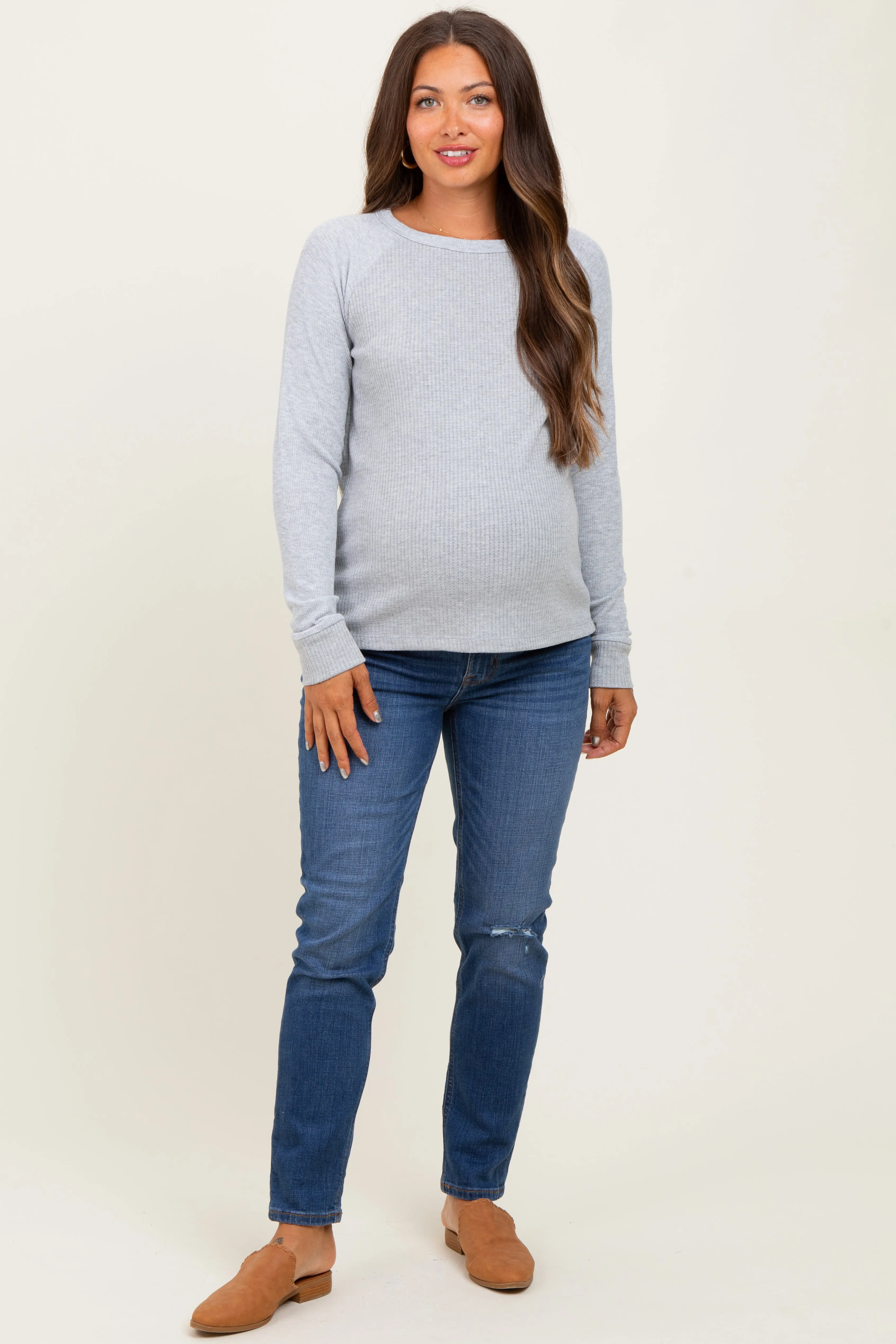 Heather Grey Waffle Knit Maternity Long Sleeve Top sold by Pinkblush product image thumbnail 2
