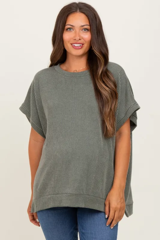 Olive Solid Ribbed Short Sleeve Oversized Maternity Tunic Top sold by Pinkblush