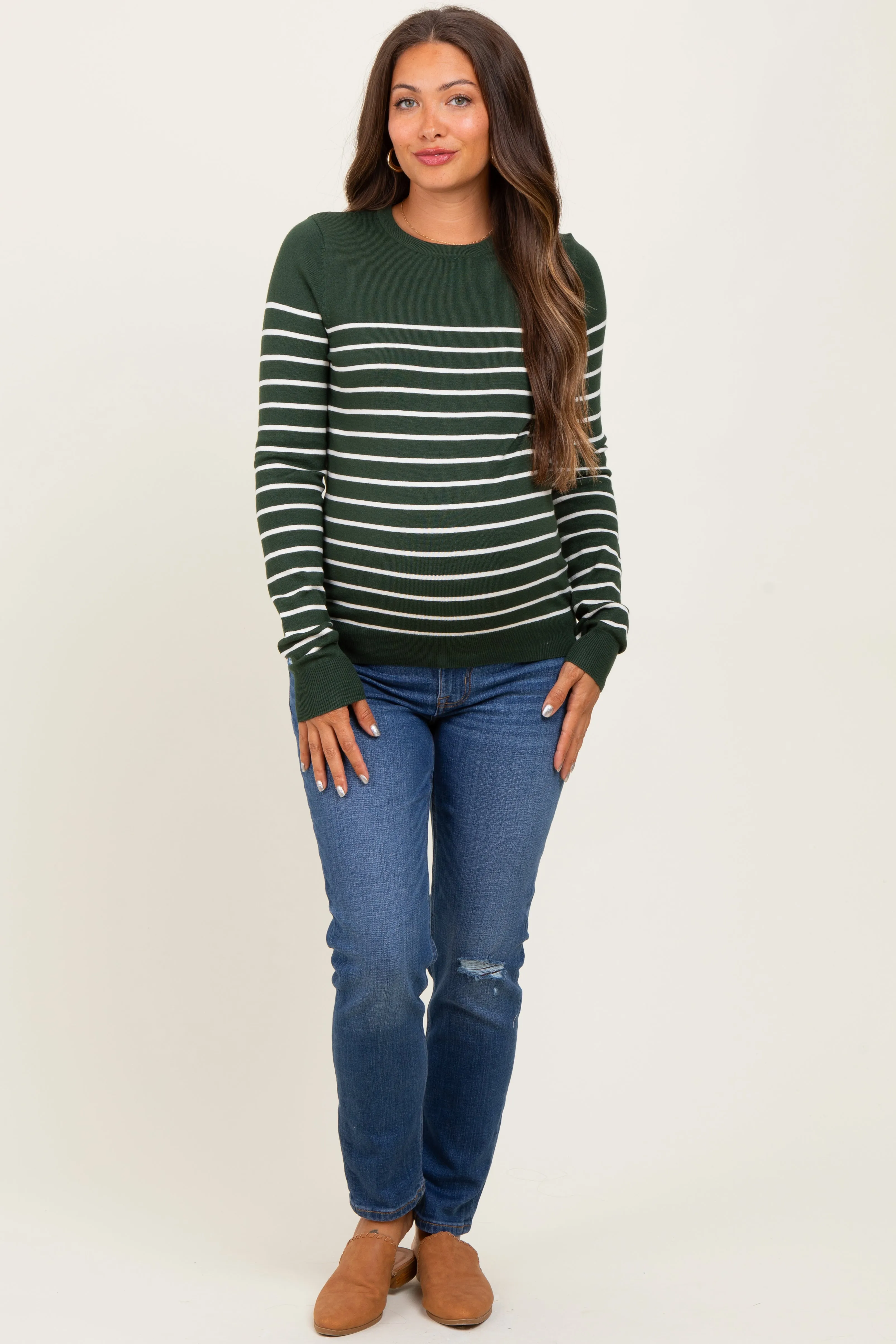 Forest Green Striped Knit Maternity Long Sleeve Top sold by Pinkblush product image thumbnail 2