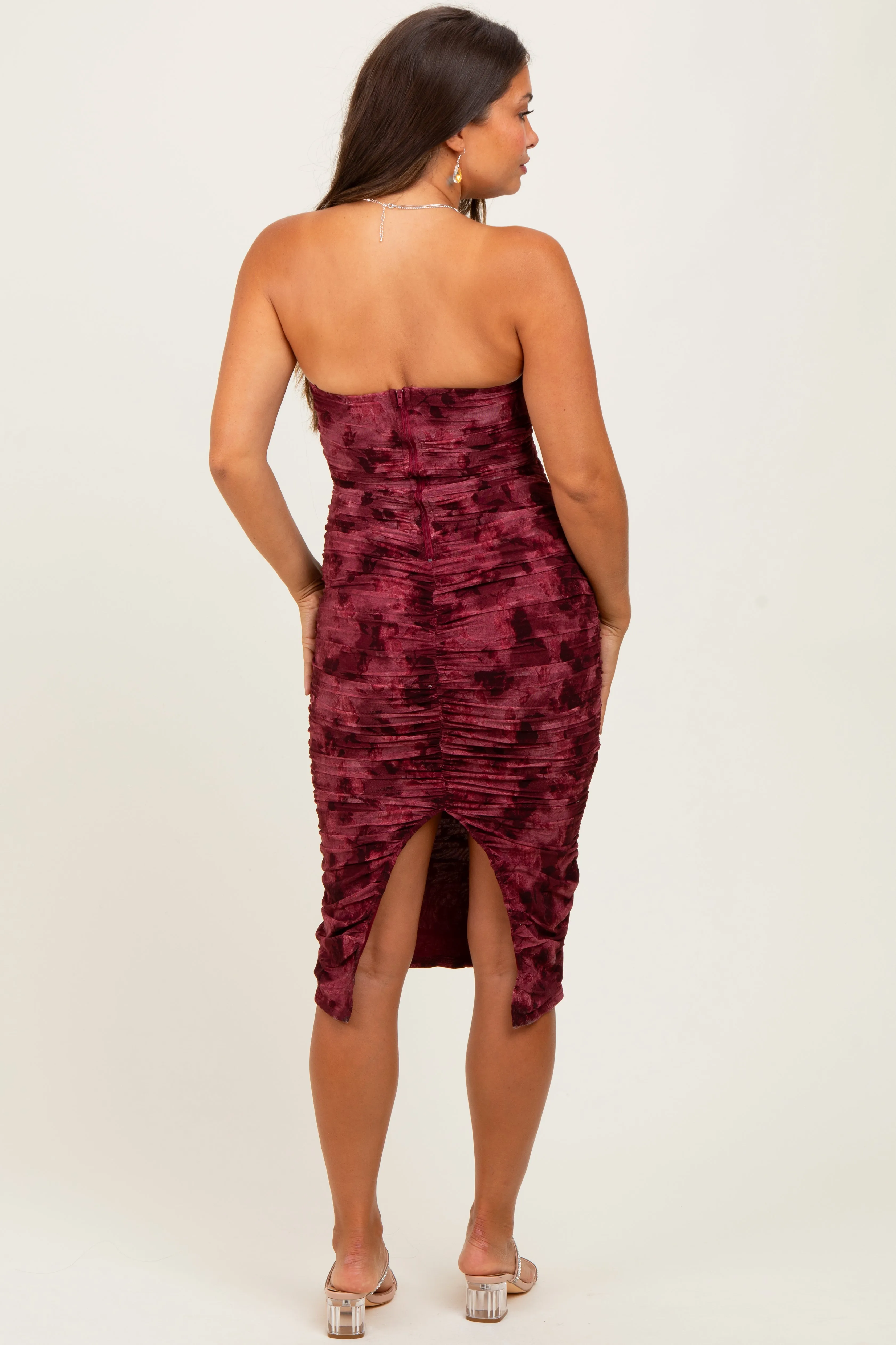 Burgundy Mesh Velvet Strapless Ruched Maternity Midi Dress sold by Pinkblush product image thumbnail 4