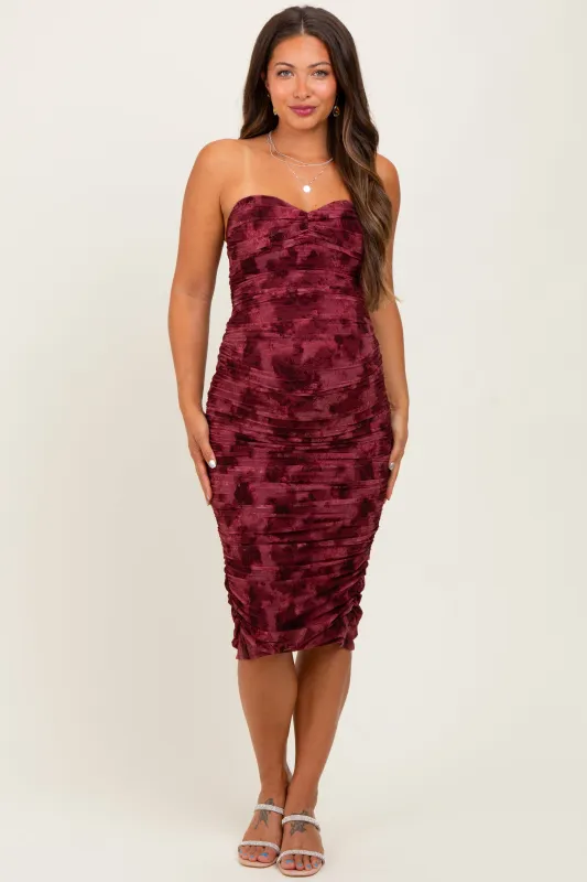 Burgundy Mesh Velvet Strapless Ruched Maternity Midi Dress sold by Pinkblush
