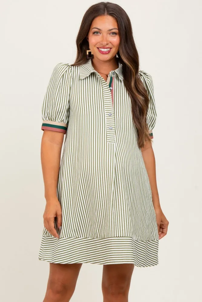 Light Olive Striped Puff Sleeve Maternity Mini Shirt Dress sold by Pinkblush product image thumbnail 2