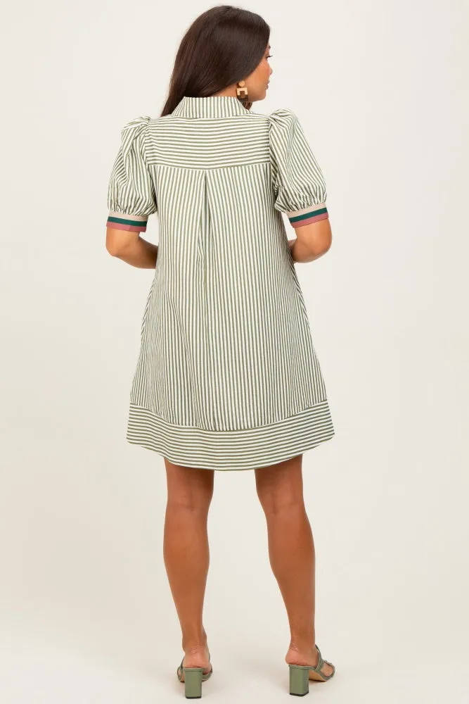 Light Olive Striped Puff Sleeve Maternity Mini Shirt Dress sold by Pinkblush product image thumbnail 3