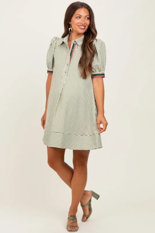 Light Olive Striped Puff Sleeve Maternity Mini Shirt Dress sold by Pinkblush