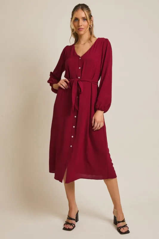 Burgundy V Neck Long Sleeve Button Down Midi Dress sold by Pinkblush