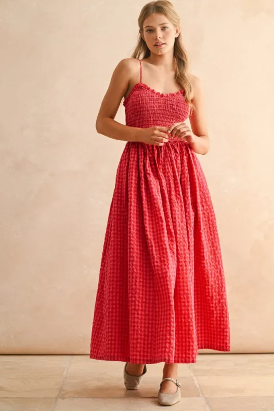 Red Gingham Smocked Ruffle Accent Maxi Dress sold by Pinkblush