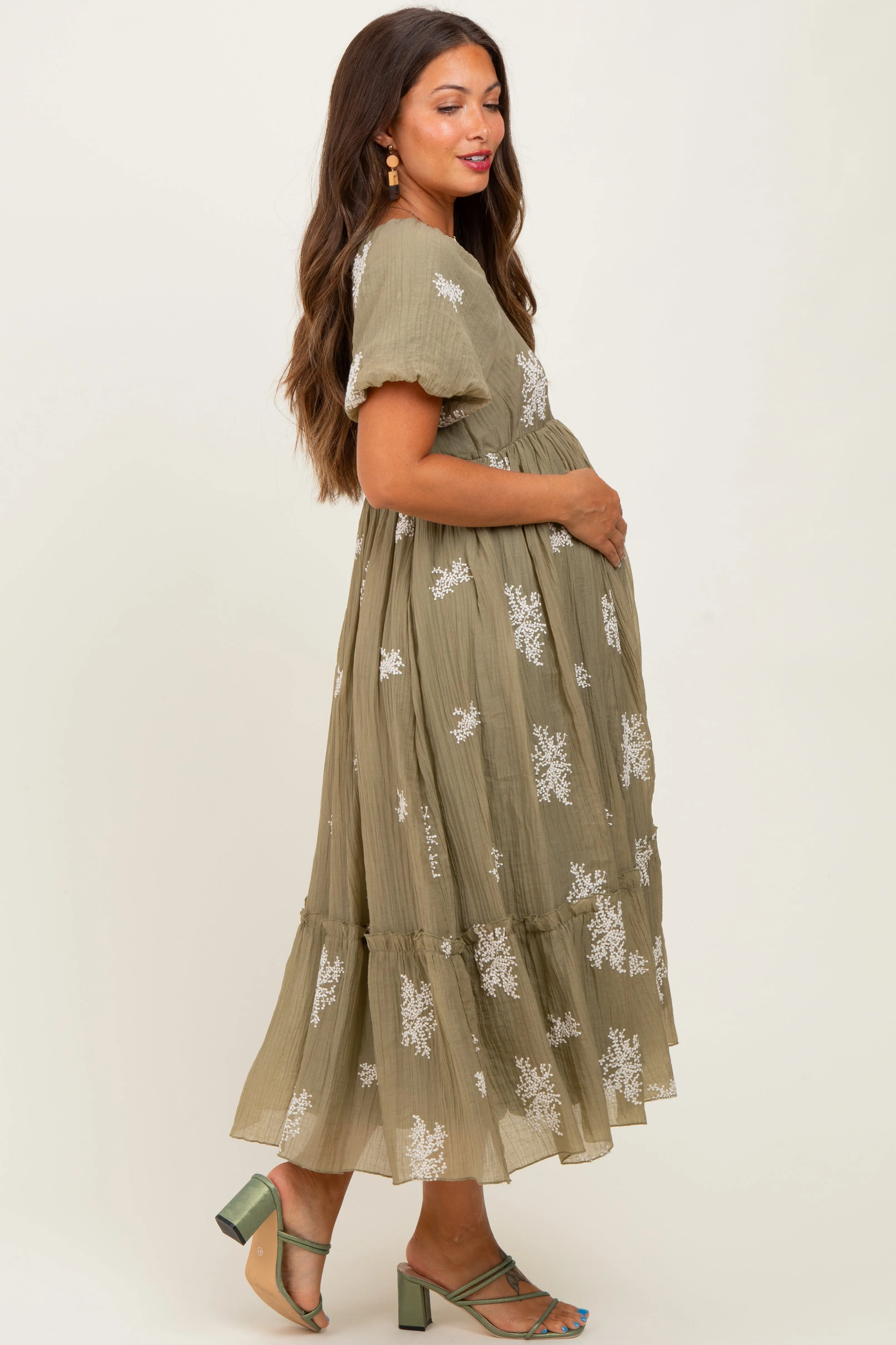 Light Olive Floral Print Ruffle Hem Maternity Midi Dress sold by Pinkblush product image thumbnail 2