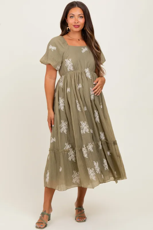 Light Olive Floral Print Ruffle Hem Maternity Midi Dress sold by Pinkblush