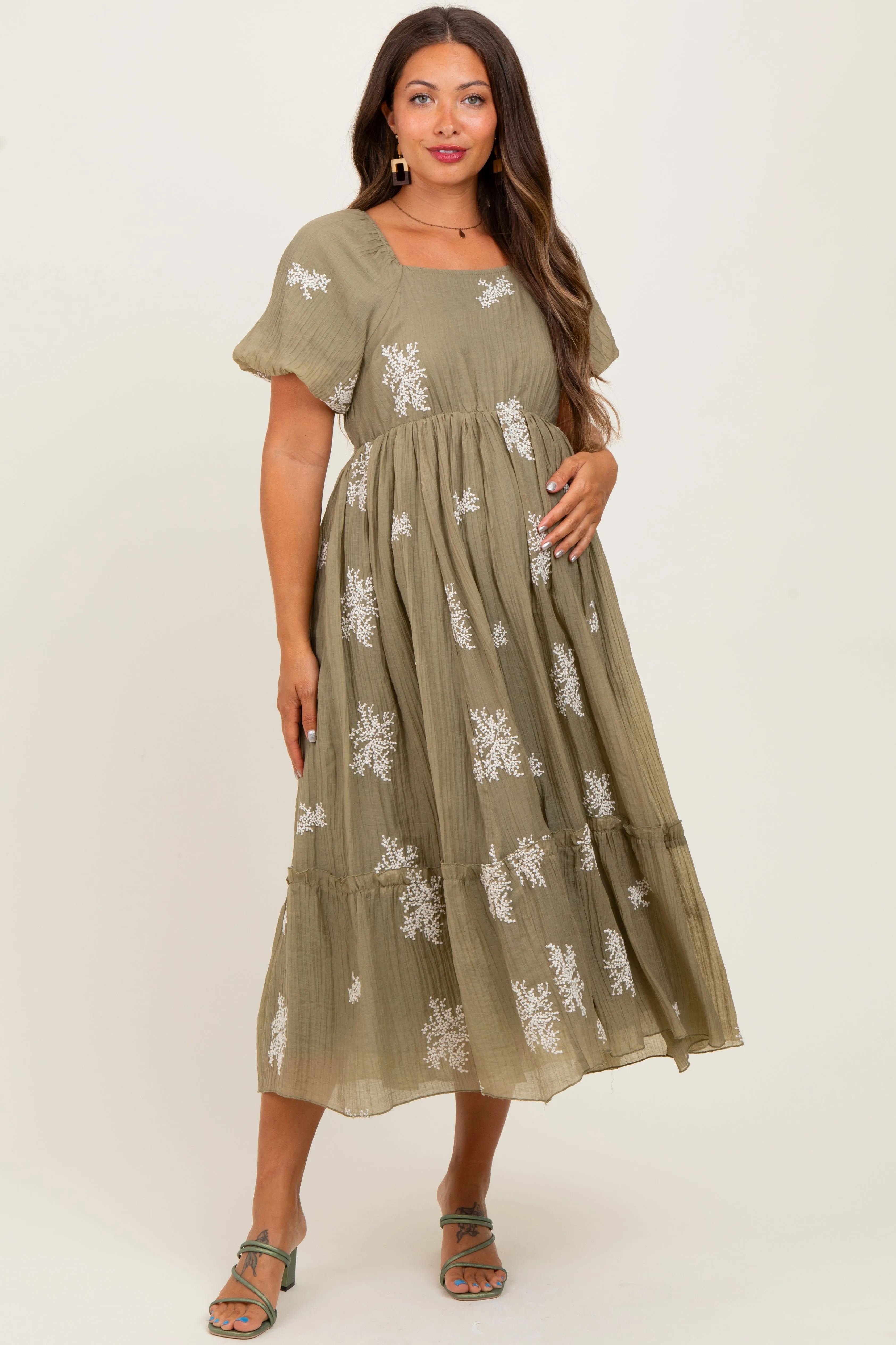 Light Olive Floral Print Ruffle Hem Maternity Midi Dress sold by Pinkblush