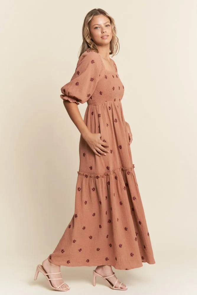 Rust Floral Smocked Puff Sleeve Maxi Dress sold by Pinkblush product image thumbnail 3